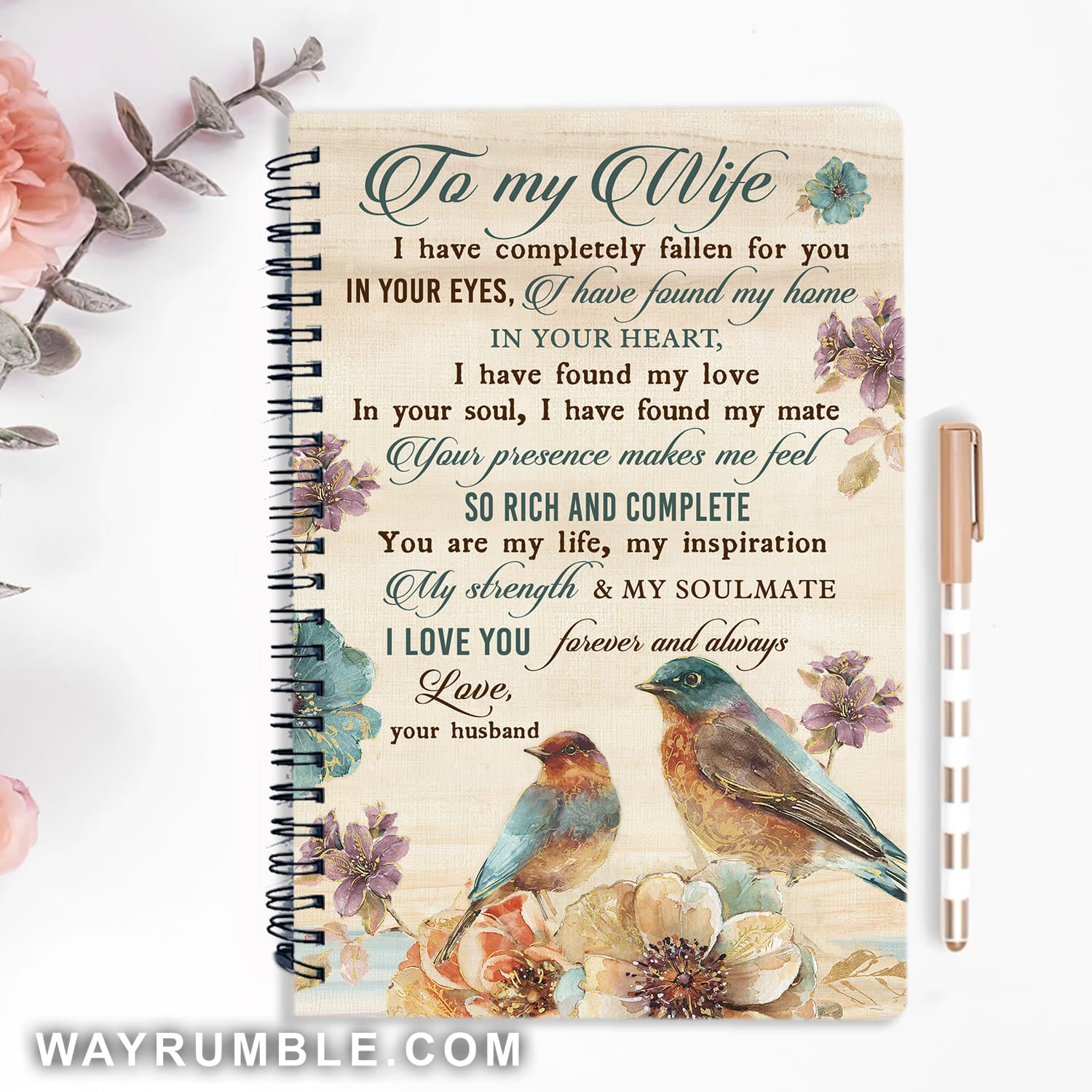 To my wife, Colorful bird drawing, Crystal flower, I love you forever and always - Couple Spiral Journal