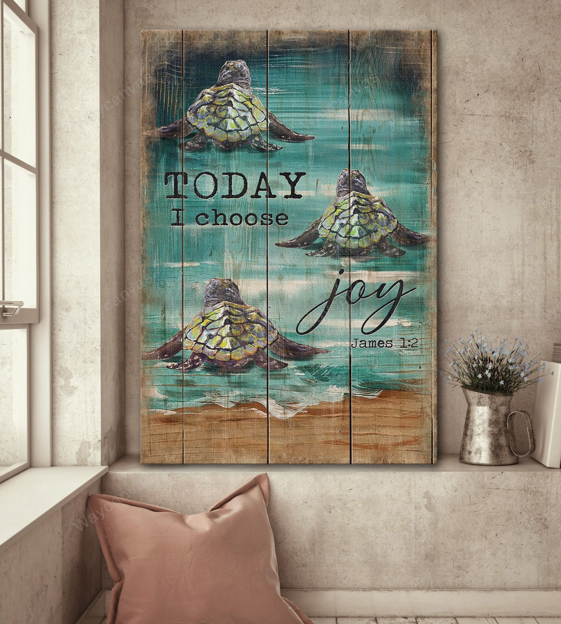 Green sea turtle, Beautiful beach, Vintage frame, Today I choose joy - Jesus Portrait Canvas Prints, Wall Art