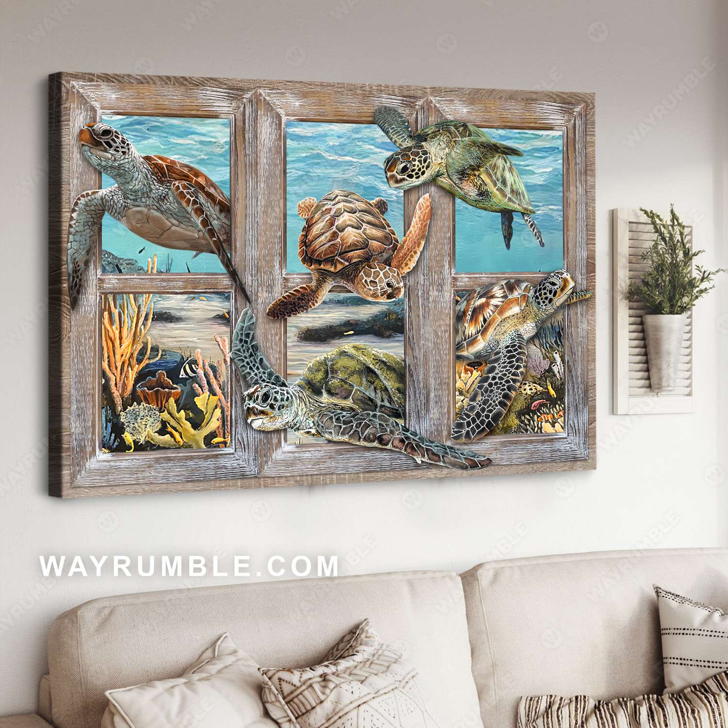 Turtle painting, Window frame, Ocean world, Beautiful coral reef - Turtle Landscape Canvas Prints, Wall Art
