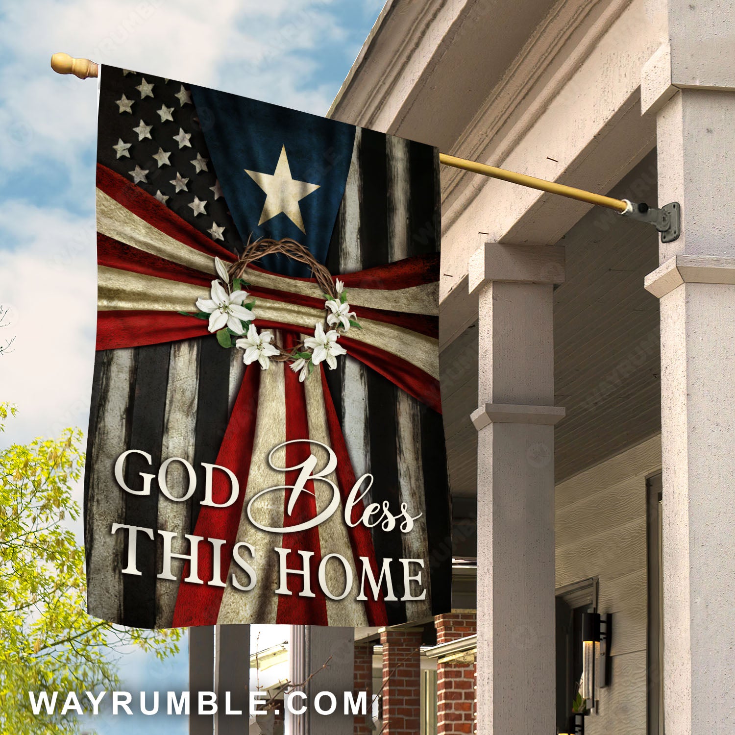 US flag, Flower crown, God bless this home - Jesus Flag
