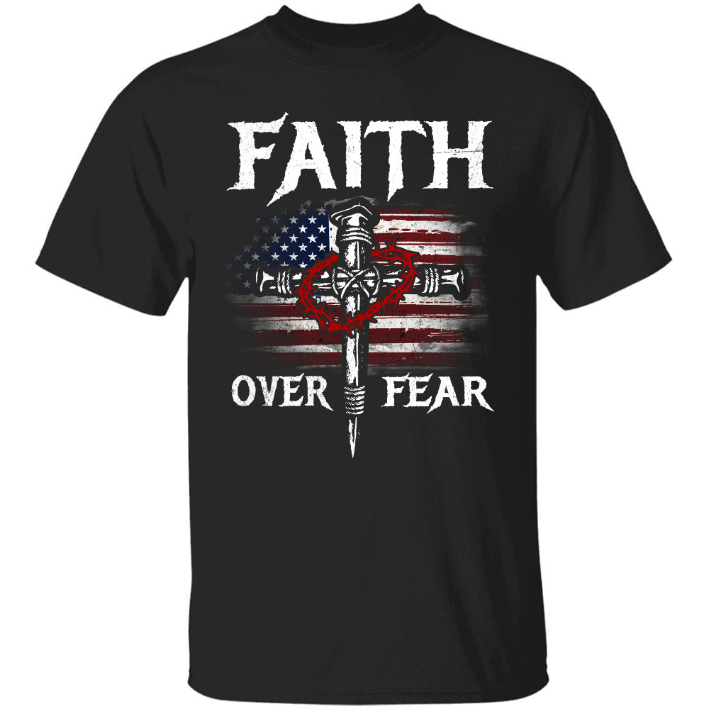 American flag, cross, amazing crown - Faith over Fear Jesus Black Apparel