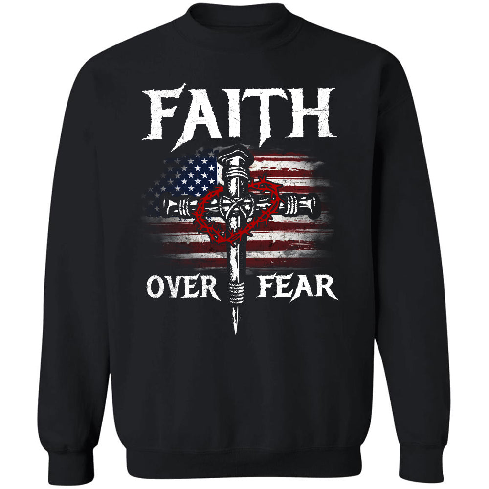 American flag, cross, amazing crown - Faith over Fear Jesus Black Apparel