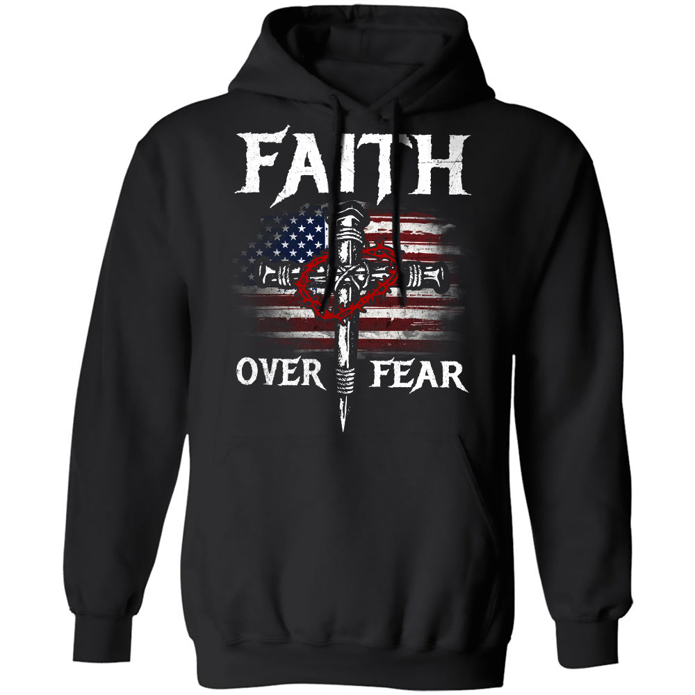 American flag, cross, amazing crown - Faith over Fear Jesus Black Apparel