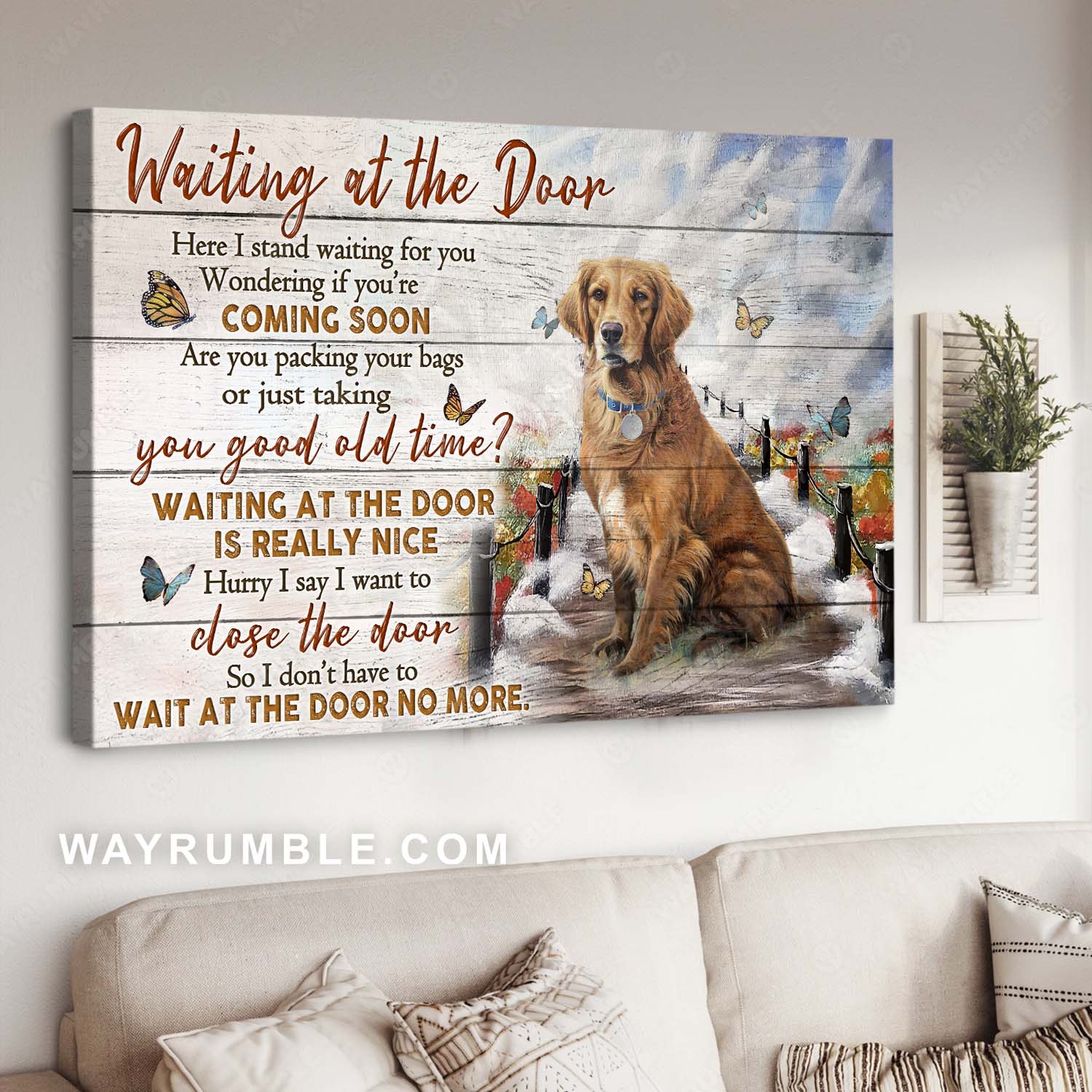 Golden Retriever, Butterfly drawing, Flower field, Waiting at the door - Heaven Landscape Canvas Prints, Home Decor Wall Art