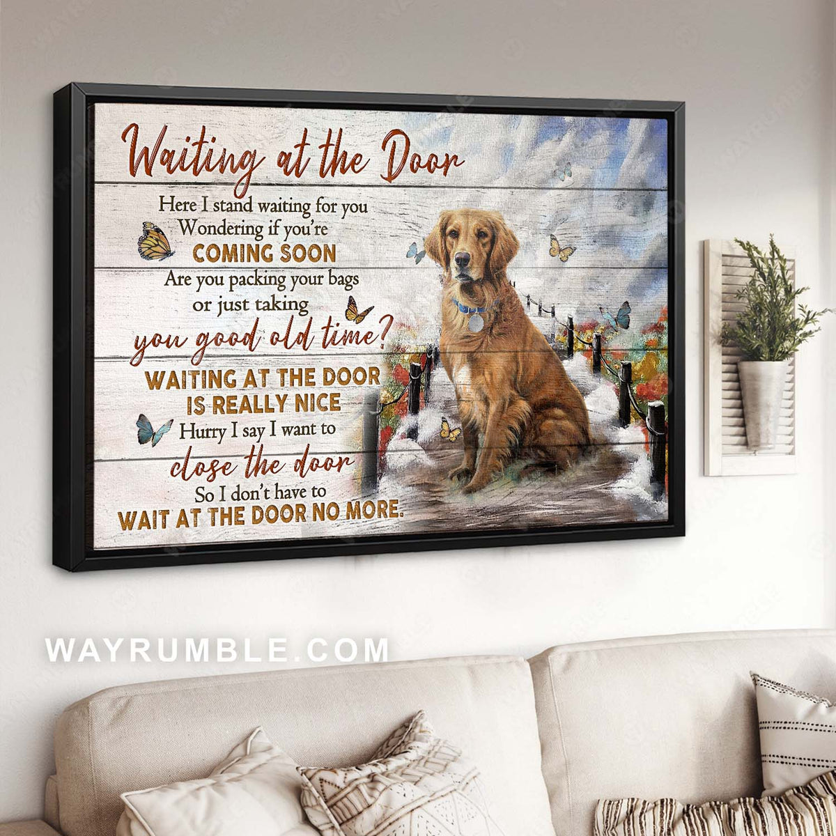 Golden Retriever, Butterfly drawing, Flower field, Waiting at the door - Heaven Landscape Canvas Prints, Home Decor Wall Art
