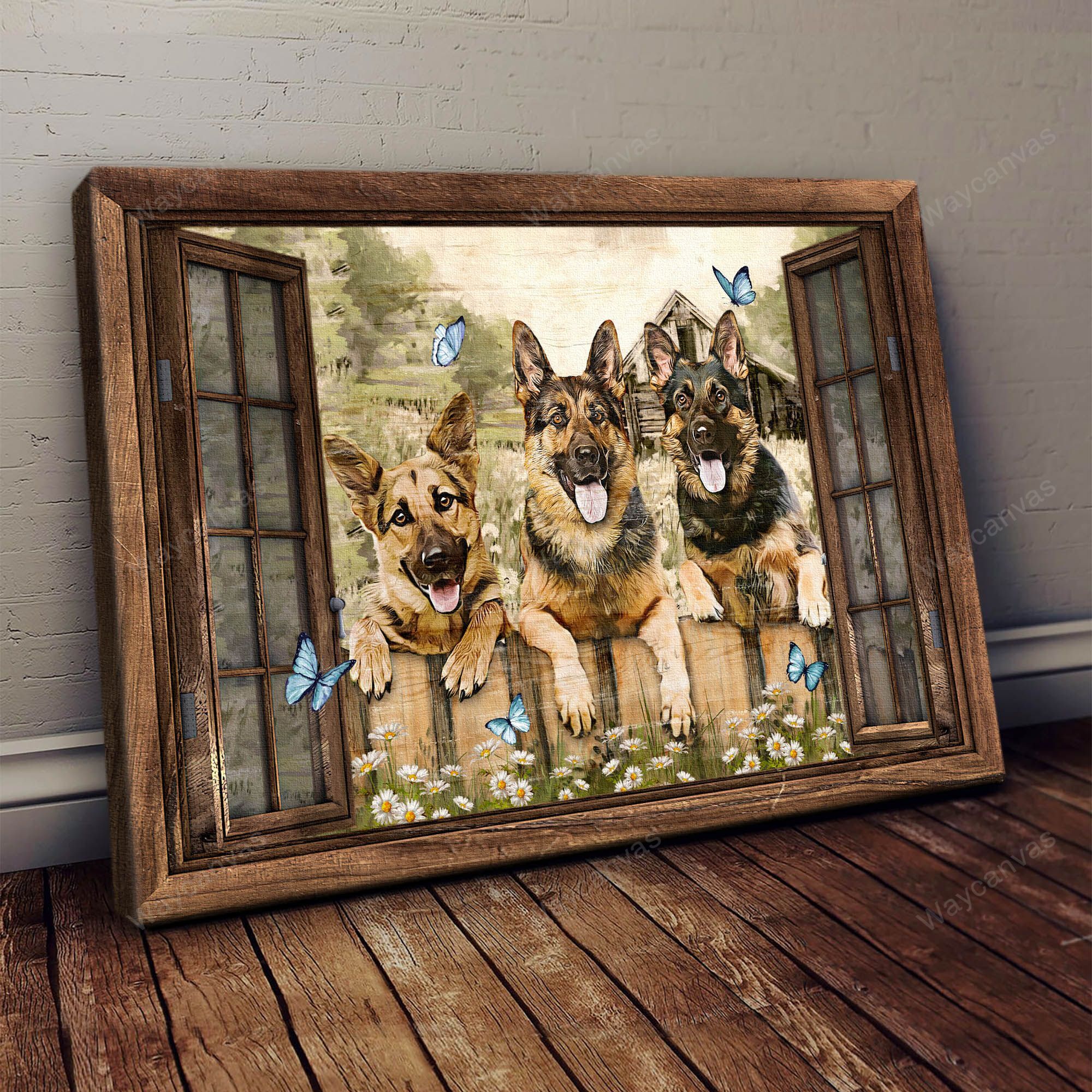 Smiling dog, Flower field, Why hello there -  German shepherd, Window frame Landscape Canvas Prints, Wall Art