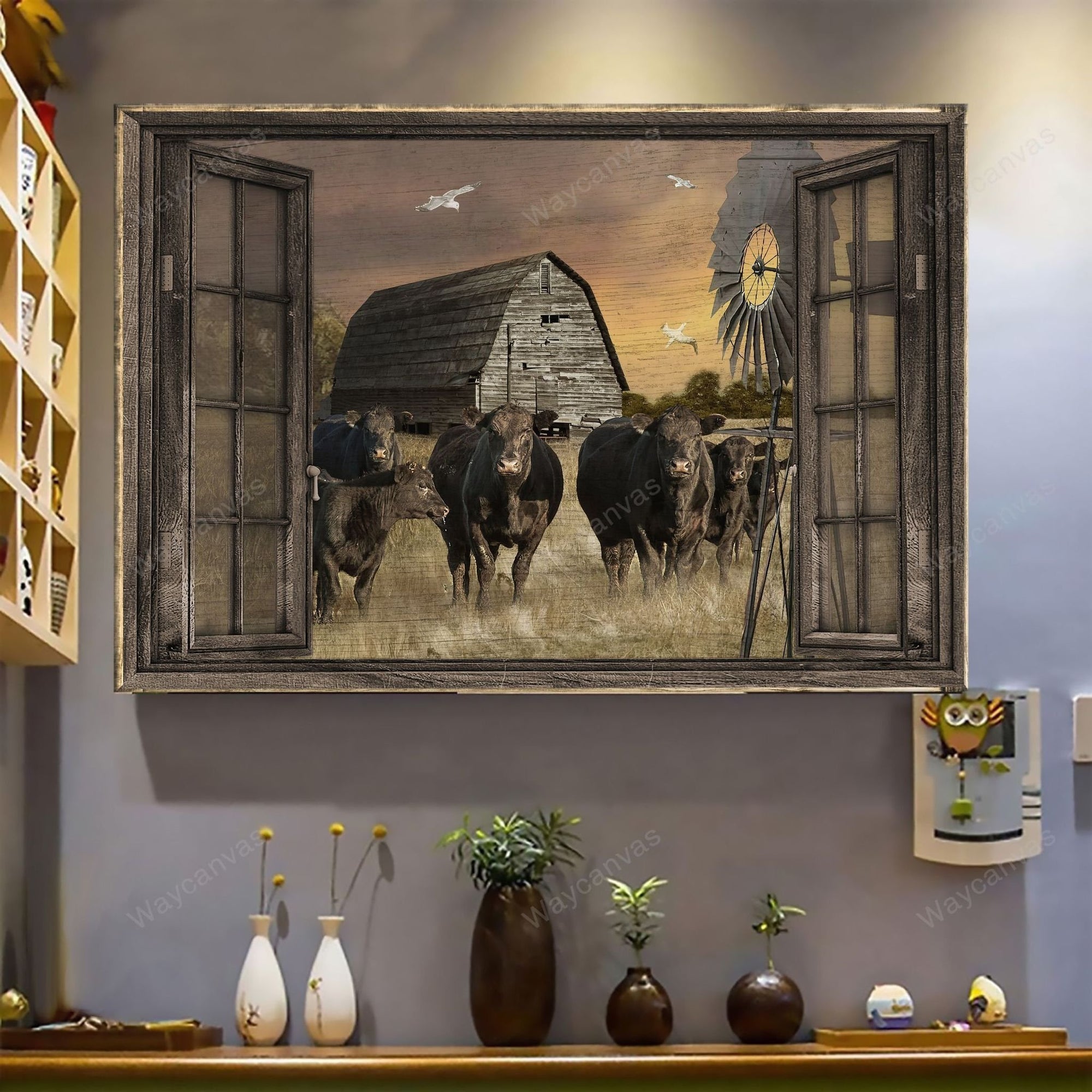 Old barn painting, Aberdeen Angus, Countryside Landscape, Windmill - Farm, Window frame Landscape Canvas Prints, Wall Art