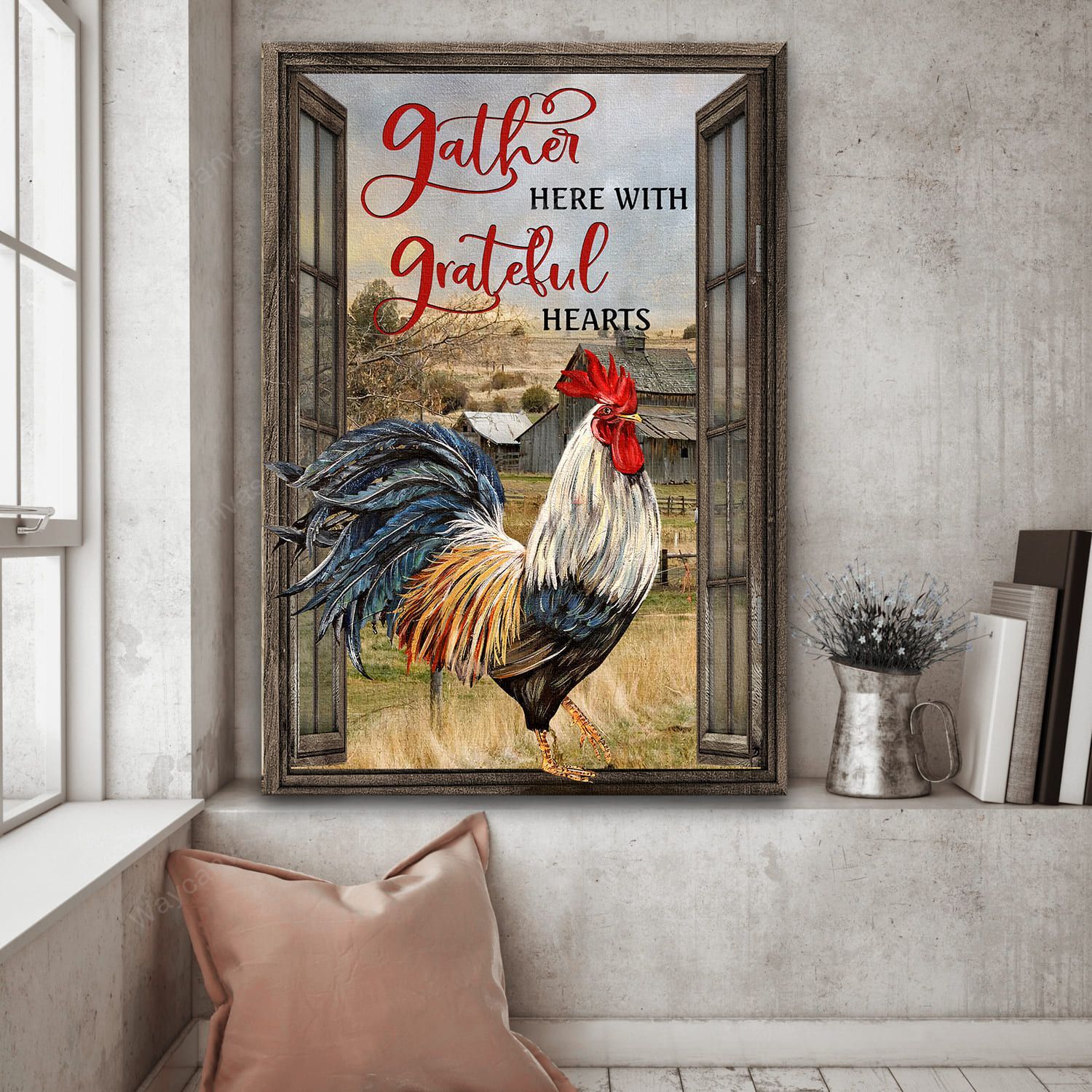 Big rooster chicken, Meadow land painting, Antique window, Gather here with grateful hearts - Jesus Portrait Canvas Prints, Wall Art