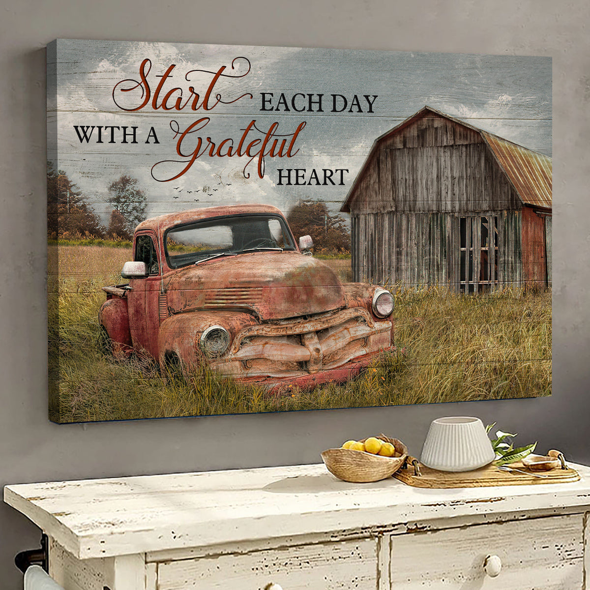 Old car painting, Green meadow, Start each day with grateful heart - Jesus Landscape Canvas Prints, Wall Art