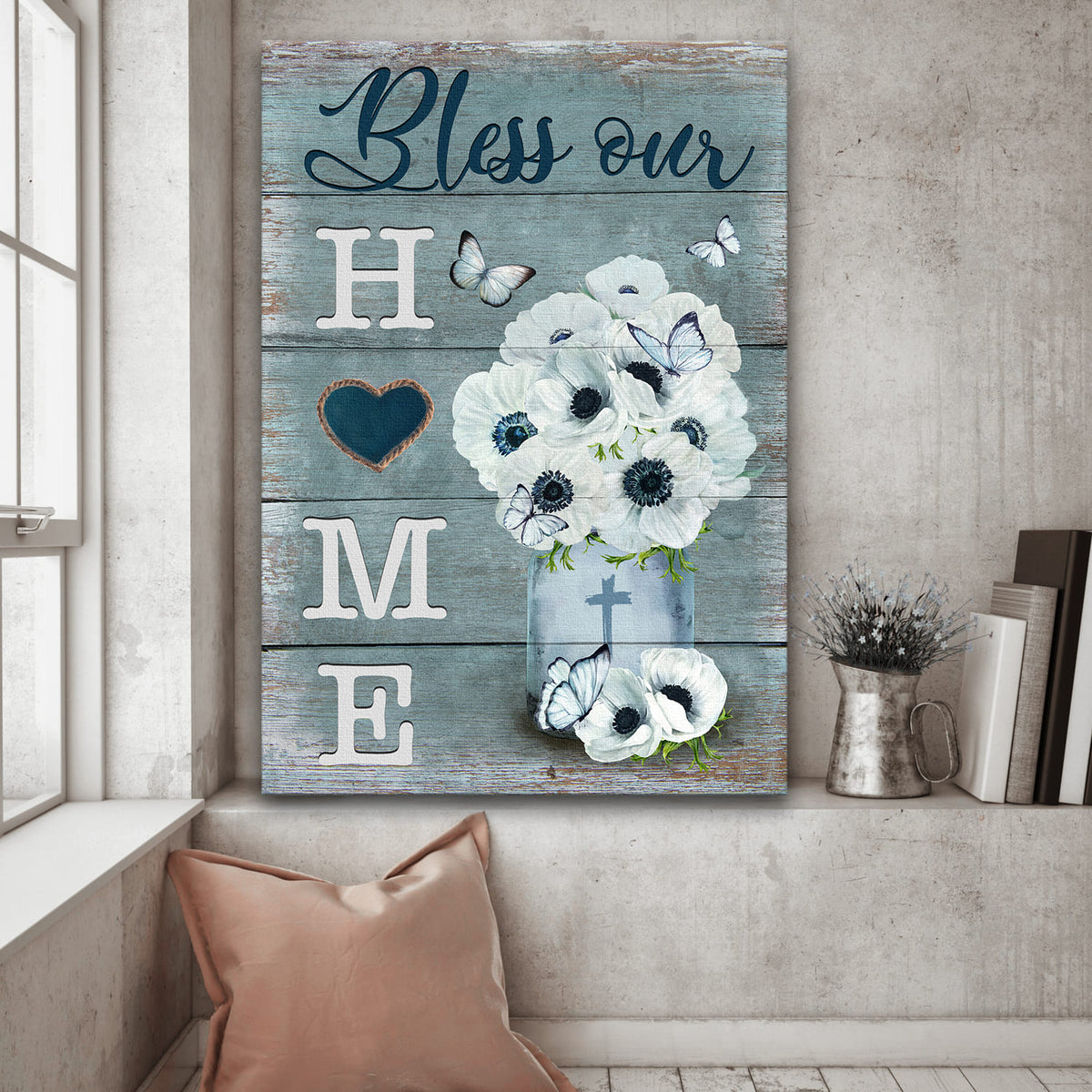 Poppy flower vase, Butterfly, Cross, Bless our home - Jesus Portrait Canvas Prints, Wall Art