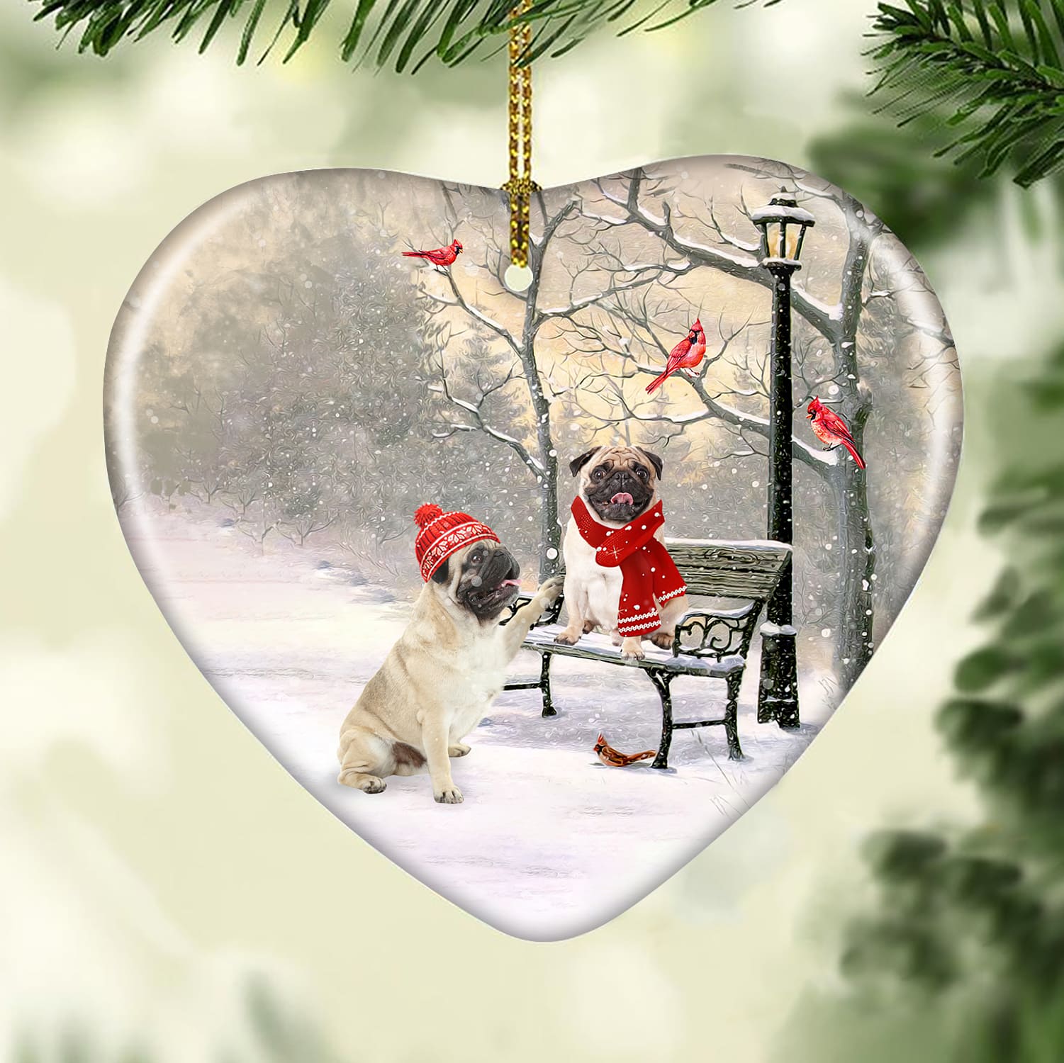 Pug painting, Winter park, On a date - Christmas Ceramic Heart Ornament