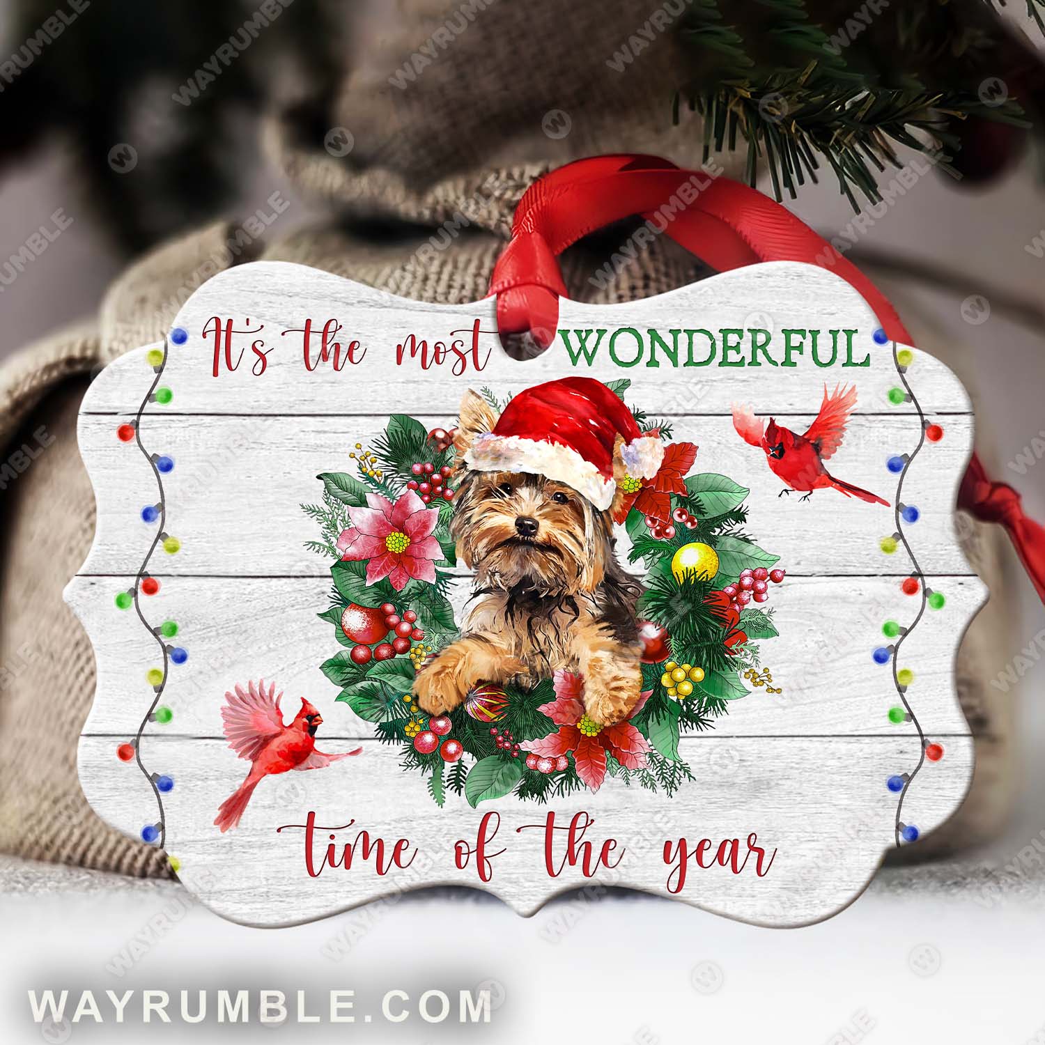 Pet painting, Yorkshire Terrier, It's the most wonderful time of the year - Pet, Christmas Aluminum Ornament