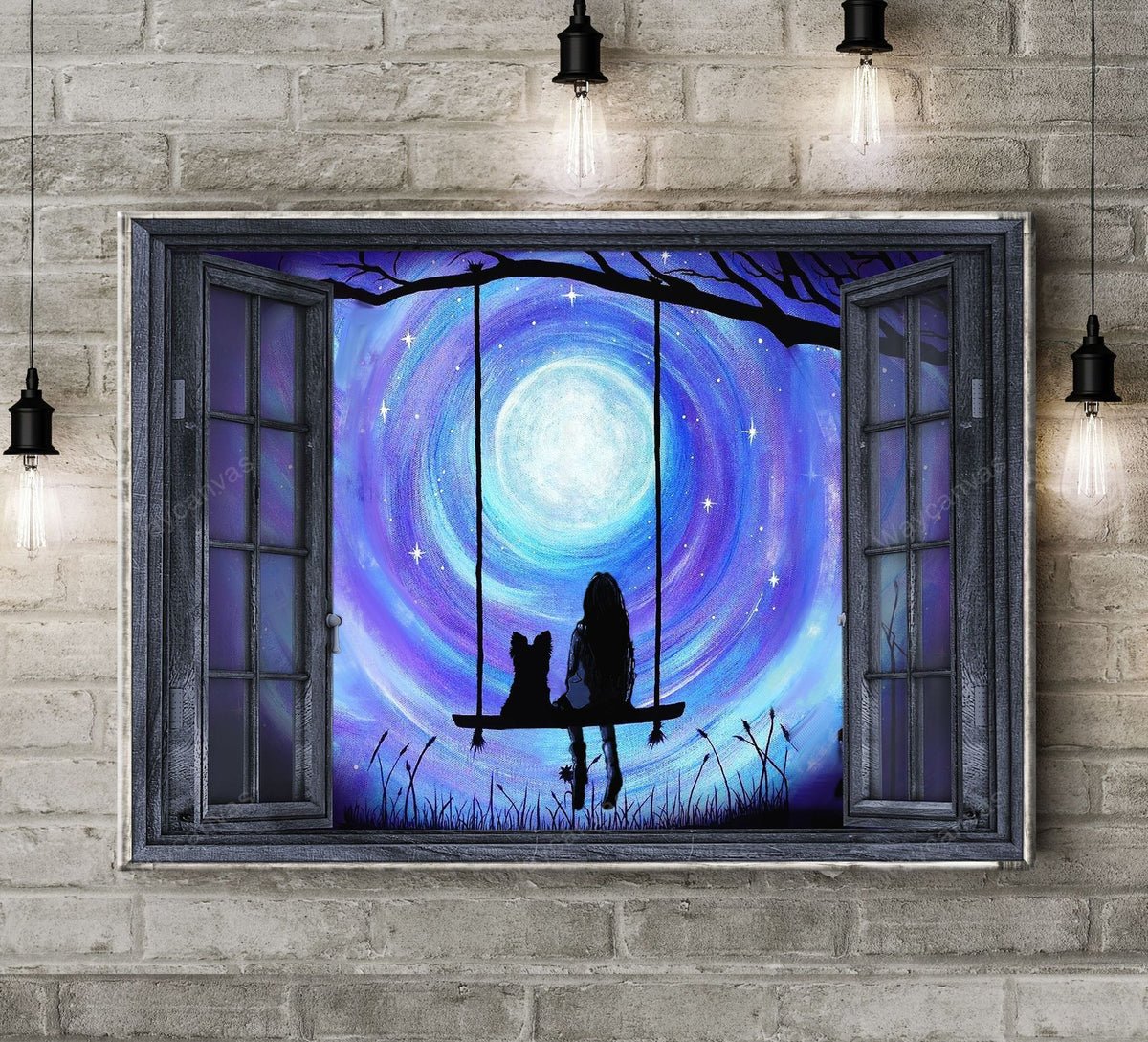 Yorkshire Terrier, Girl, Swing, Mystery night - Yorkshire, Window frame Landscape Canvas Prints, Wall Art