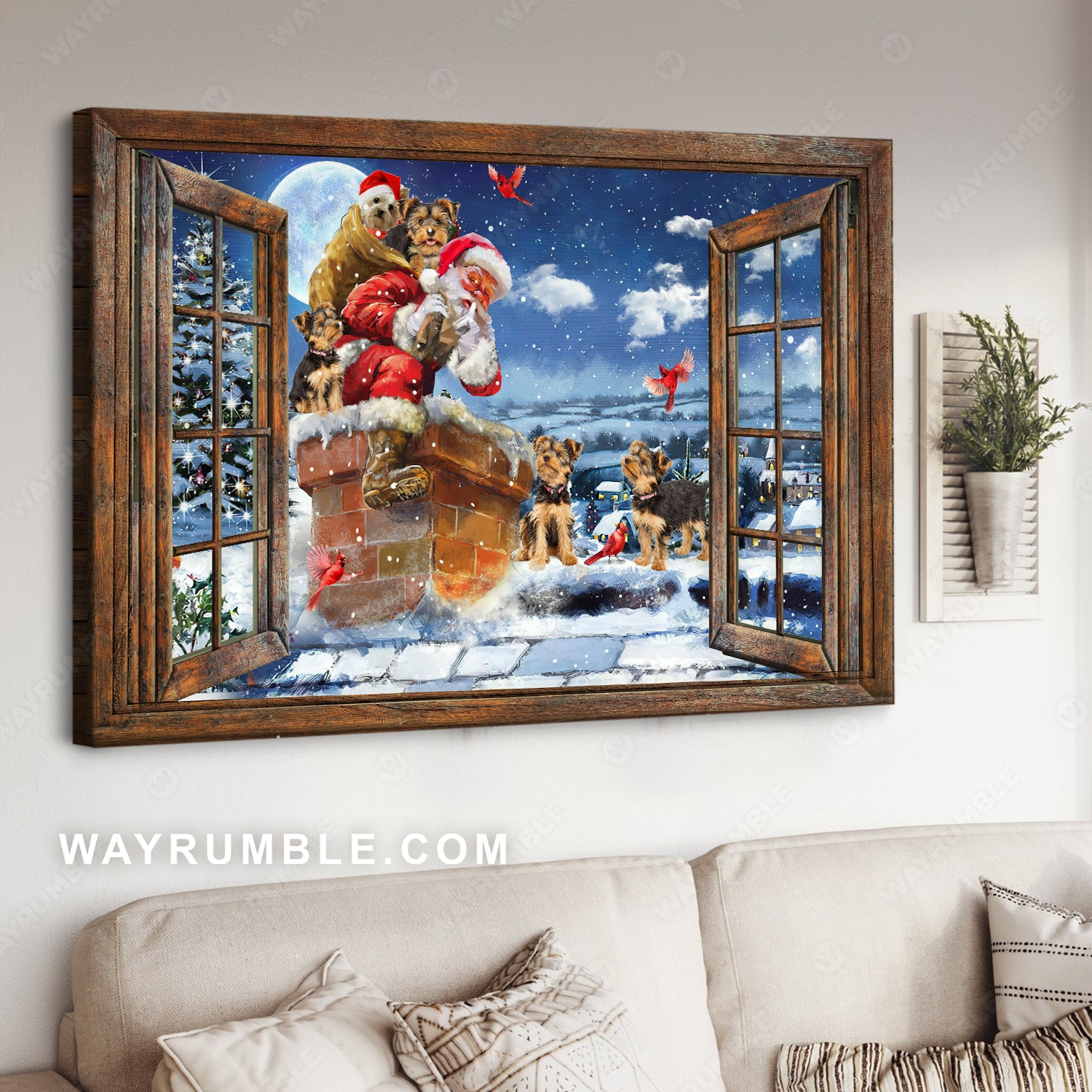 Yorkshire Terriers are gift from Santa Claus, Christmas night painting, Winter night, Window frame - Dogs Landscape Canvas 