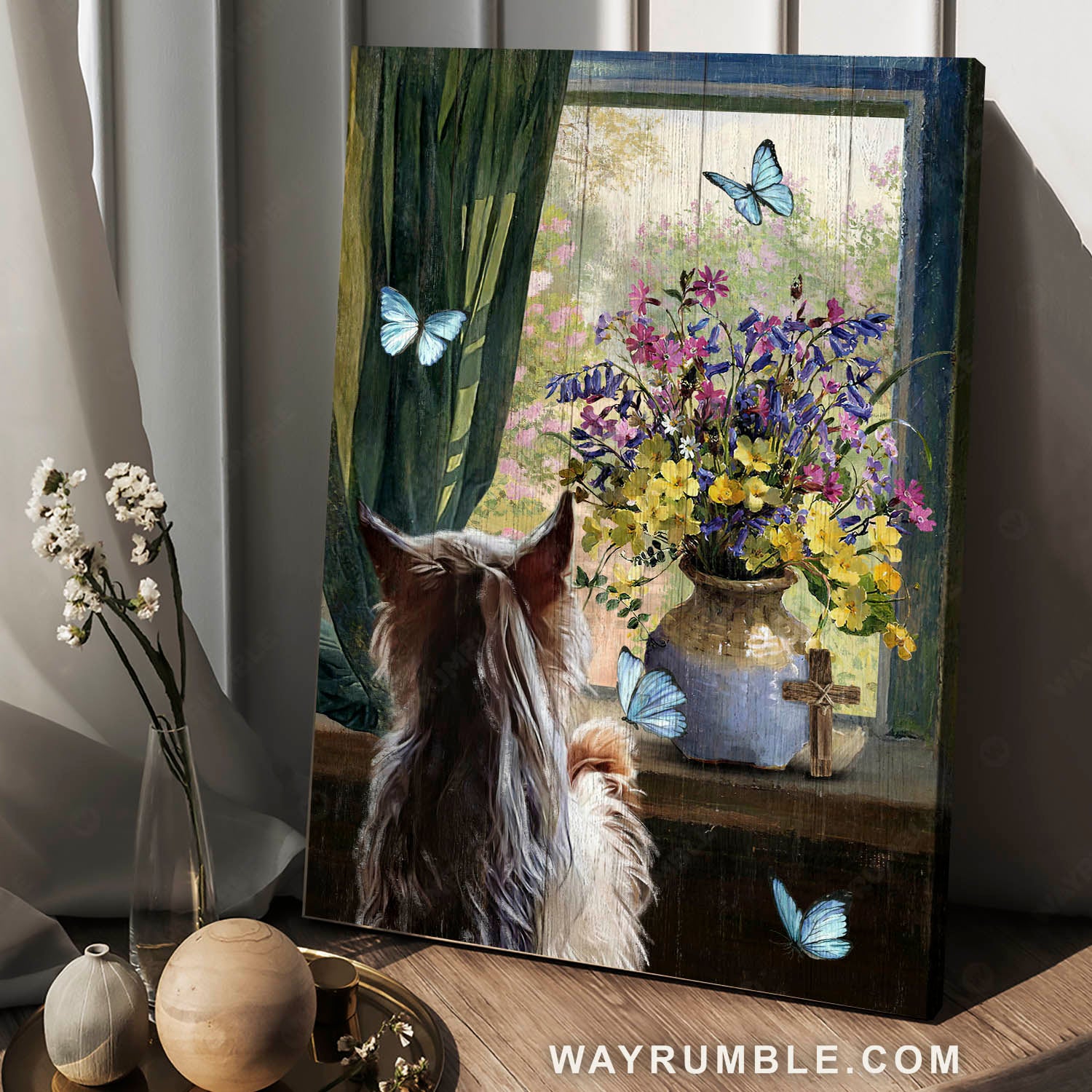 Colorful flower, Vintage window, Blue butterfly - Yorkshire Portrait Canvas Prints, Wall Art