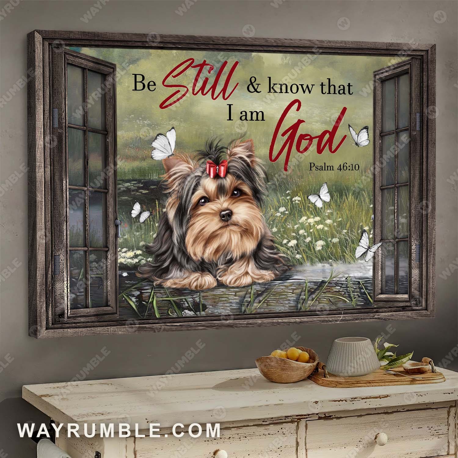Yorkshire Terrier, On the grass, Be still and know that I am God - Jesus, Pet Landscape Canvas Prints, Wall Art