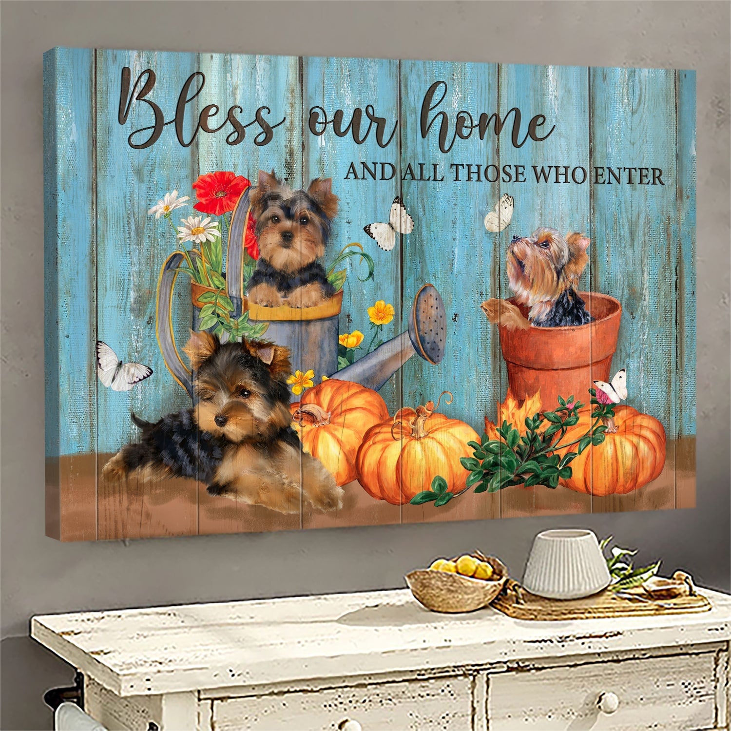 Yorkshire Terrier, Pumpkin, Butterfly, Bless our home and all those who enter - Dog Landscape Canvas Prints, Wall Art