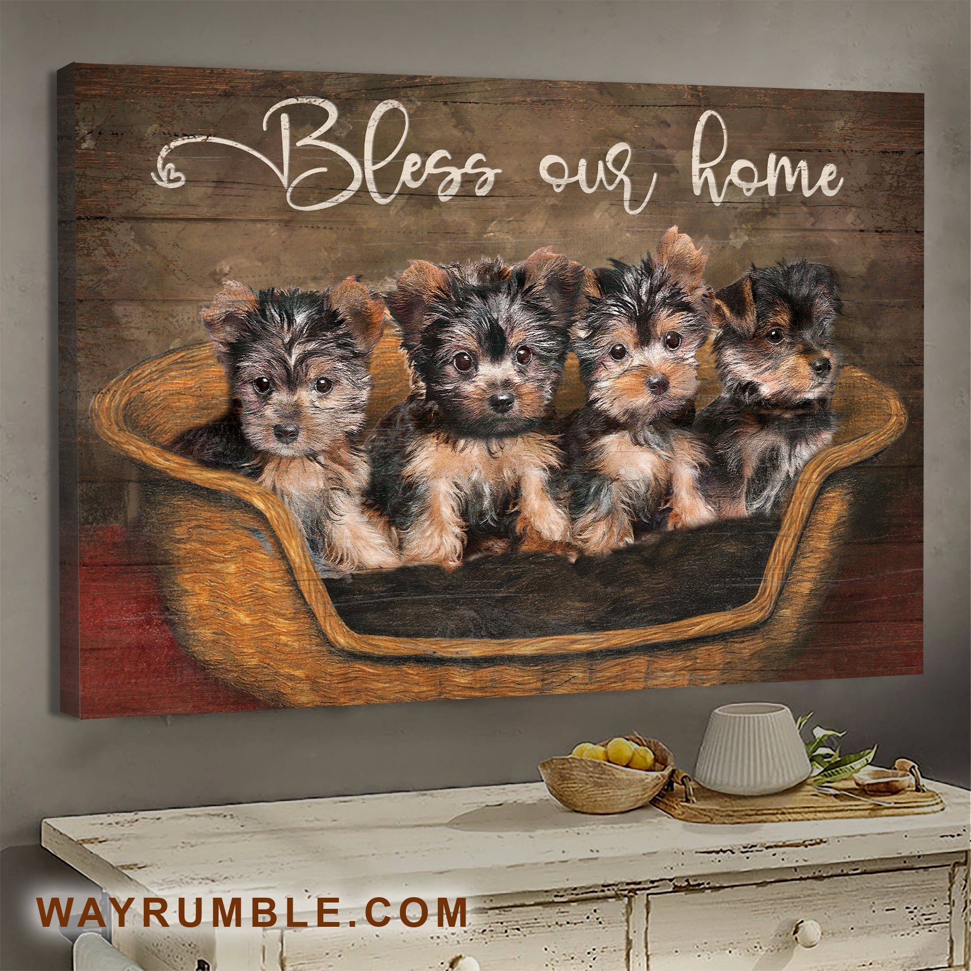 Little Yorkshire Terriers, Bless our home - Dogs Landscape Canvas Prints, Wall Art