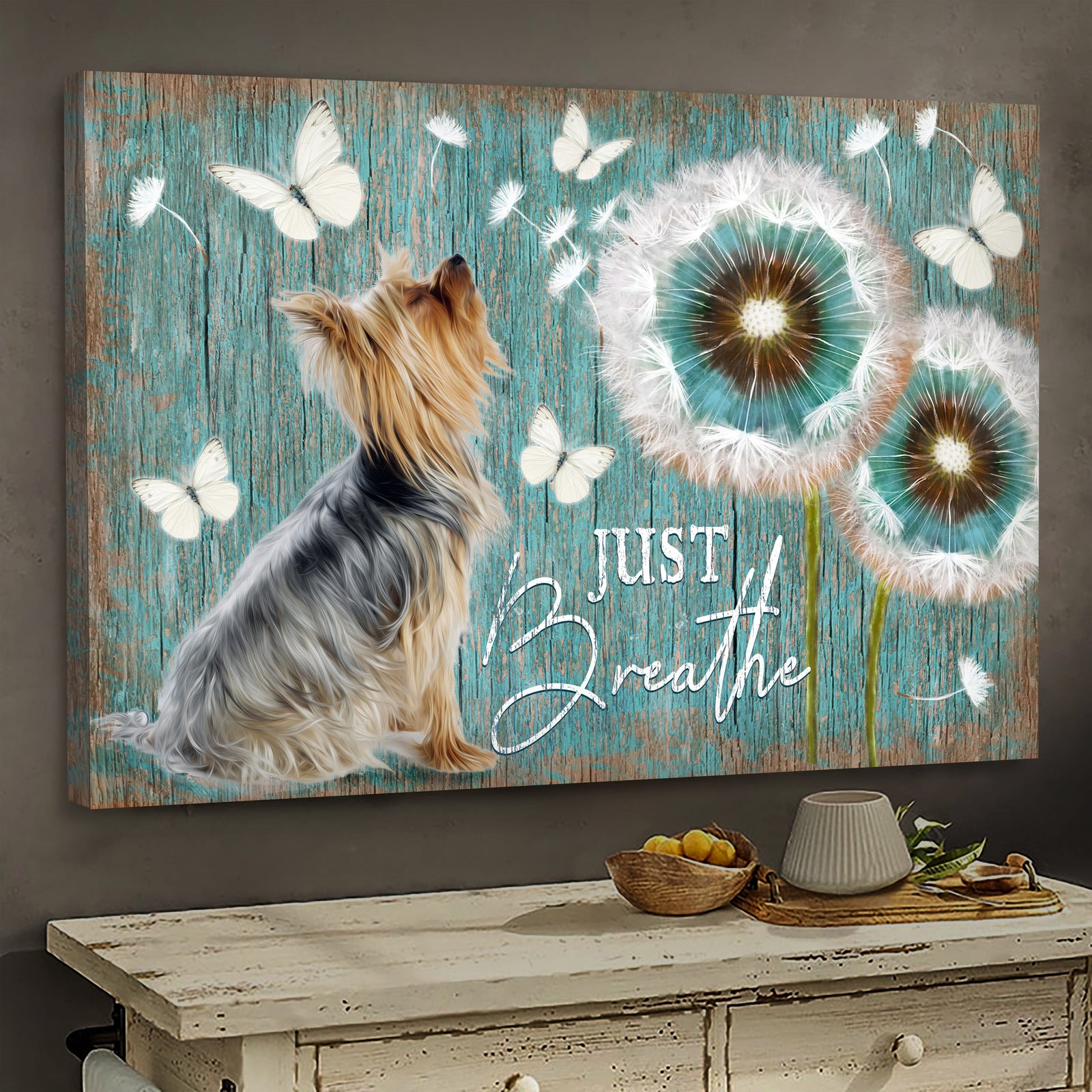 Yorkshire Terrier, Dandelion, Butterfly, Just breathe - Dog Landscape Canvas Prints, Wall Art