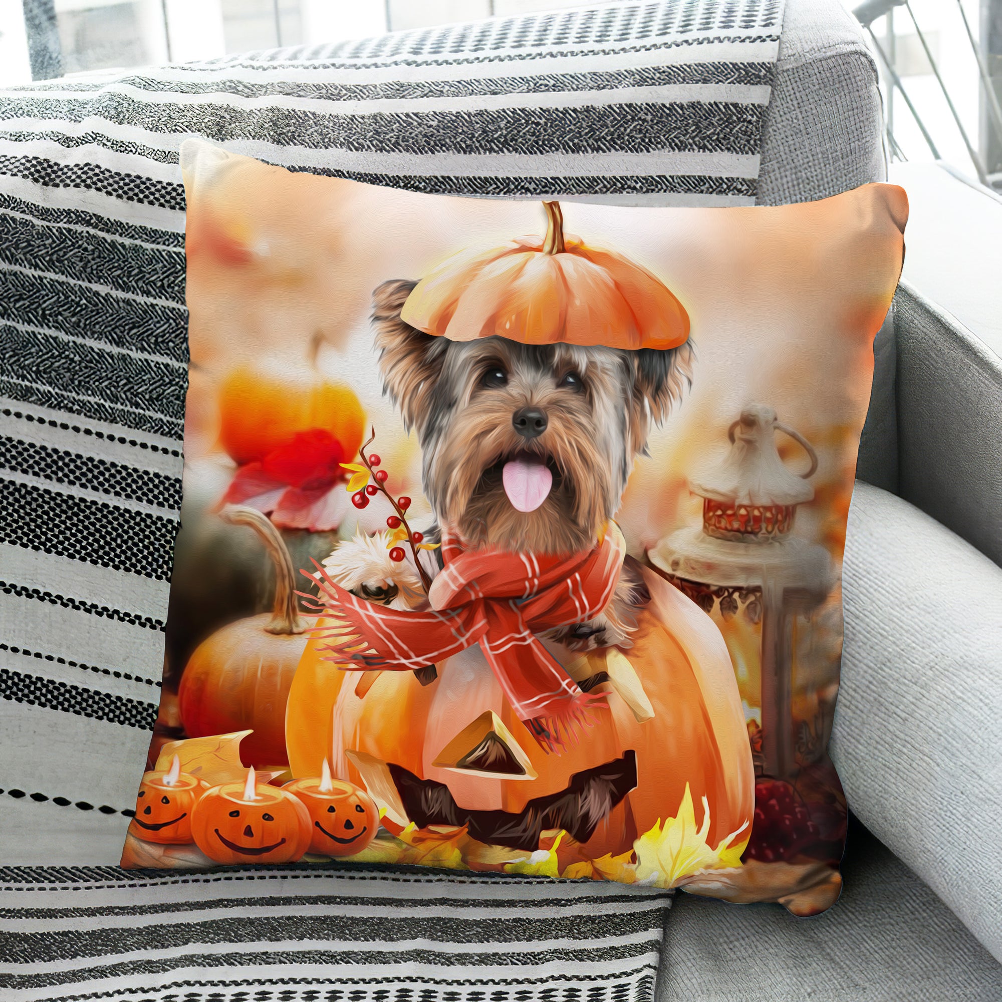 Yorkshire Terrier, Halloween, Pumpkin - Little Yorkshire and Jack O'Lantern Dog AOP Pillow