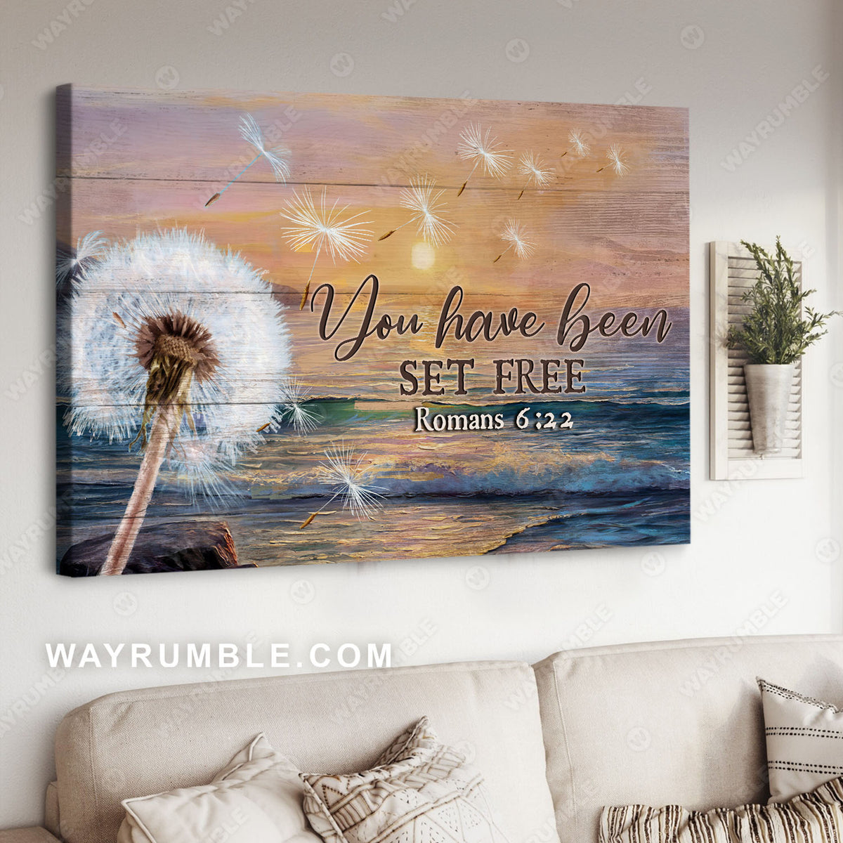 Dandelion painting, Beach scene, You have been set free - Jesus Landscape Canvas Prints, Christian Wall Art