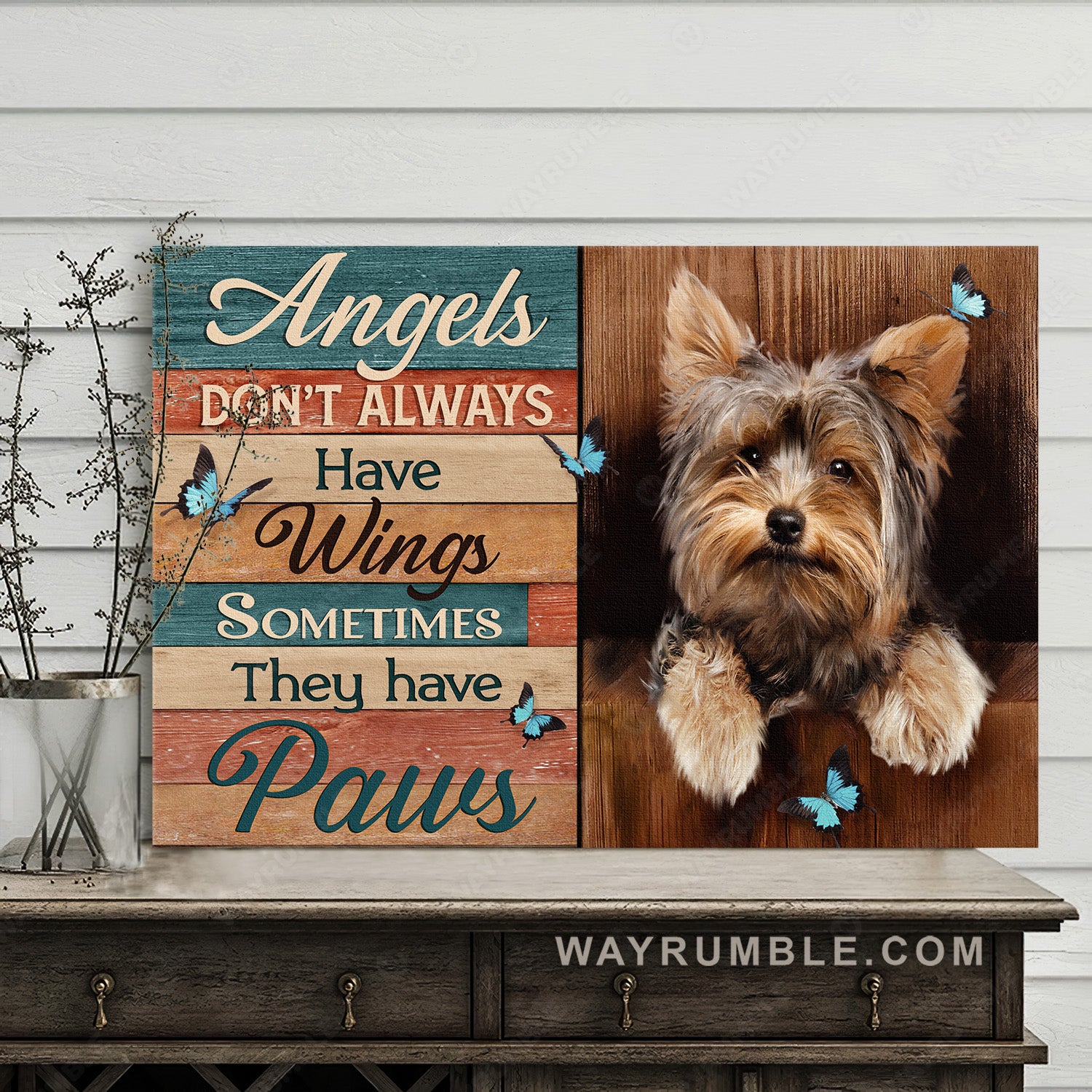 Yorkshire terrier, Dog drawing, Blue butterfly, Angels sometimes have paws - Jesus Landscape Canvas Prints, Christian Wall Art