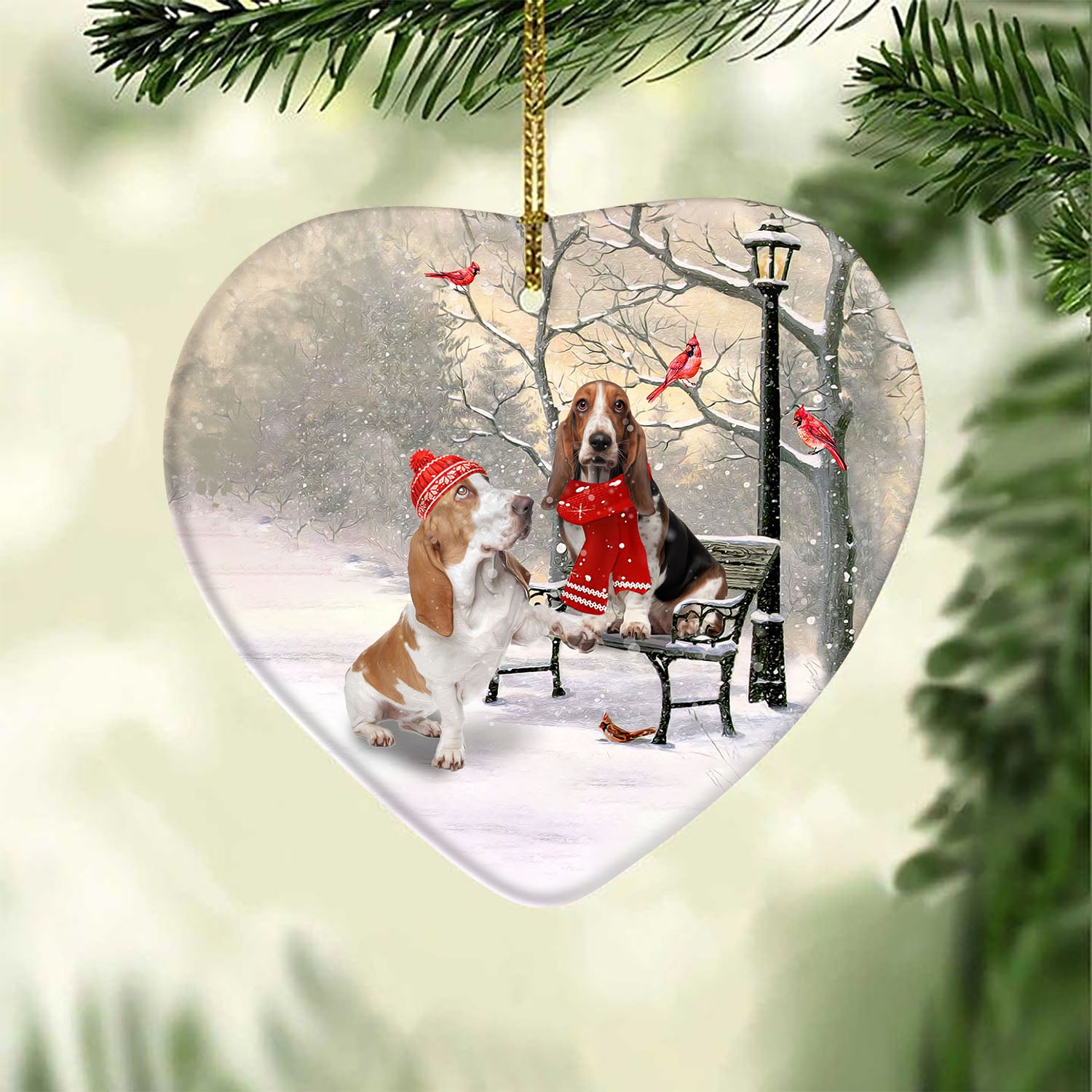 Basset Hound - Winter - On a date - Ceramic Heart Ornament