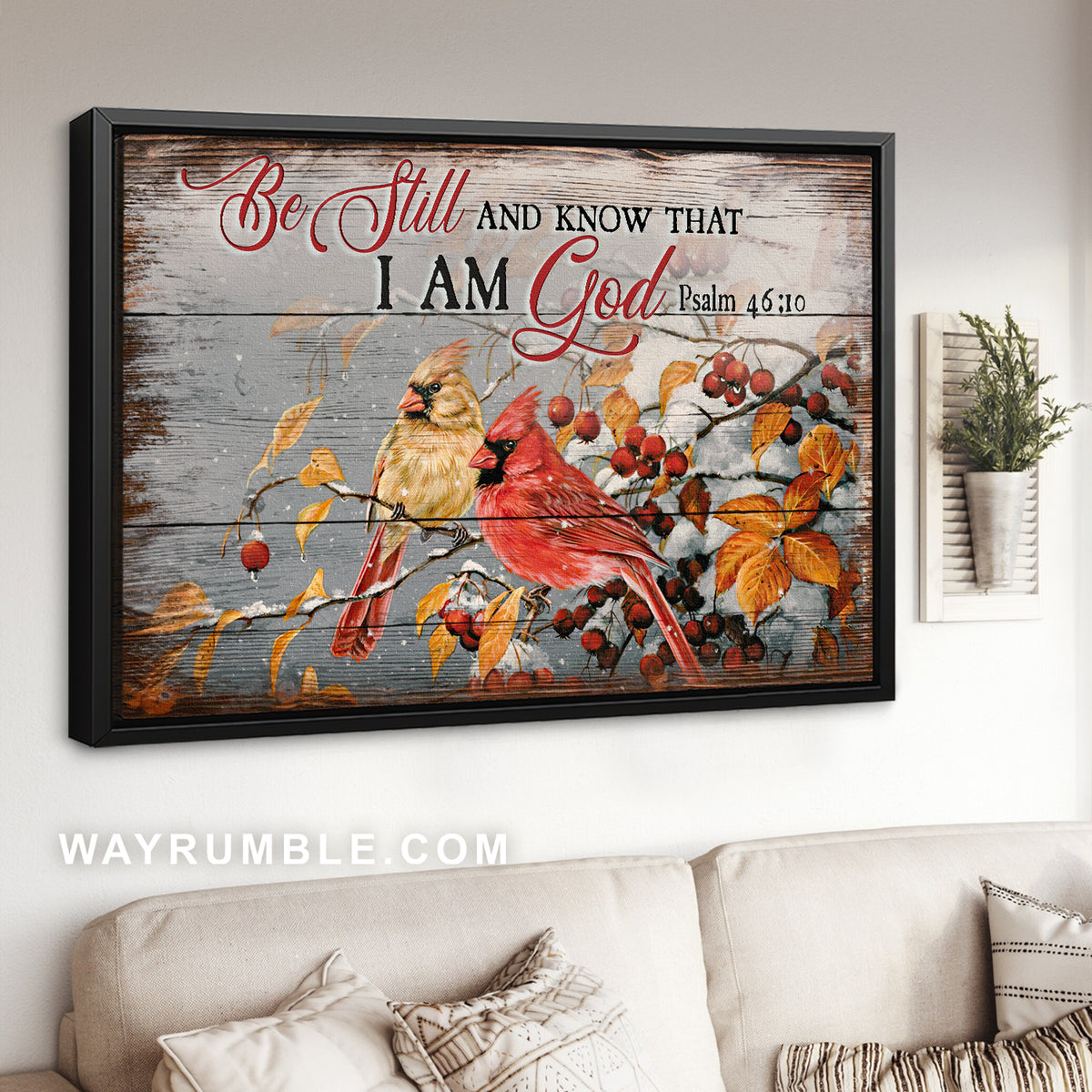 Cardinal couple, Winter season, Cranberry tree, Be still and know that I am God - Jesus Landscape Canvas Prints, Home Decor Wall Art