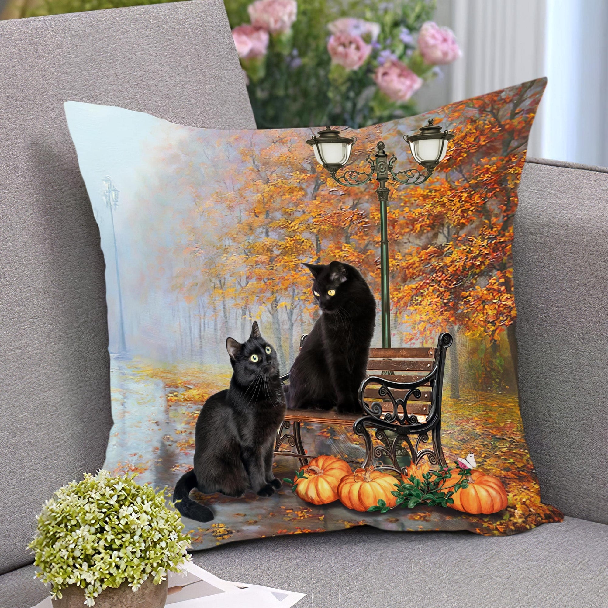 Black cat, Halloween, pumpkins - Happy Halloween for cat AOP Pillow