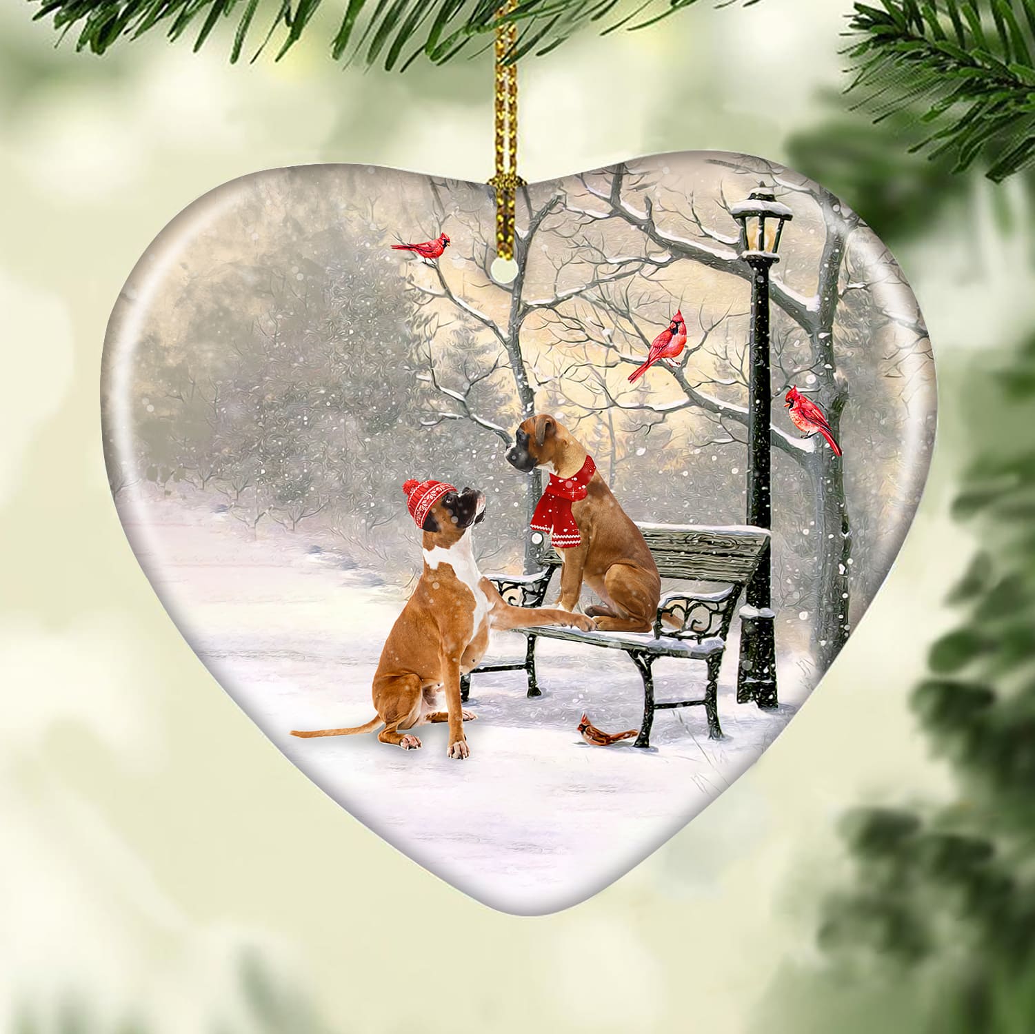 Boxer - Winter - On a date - Ceramic Heart Ornament