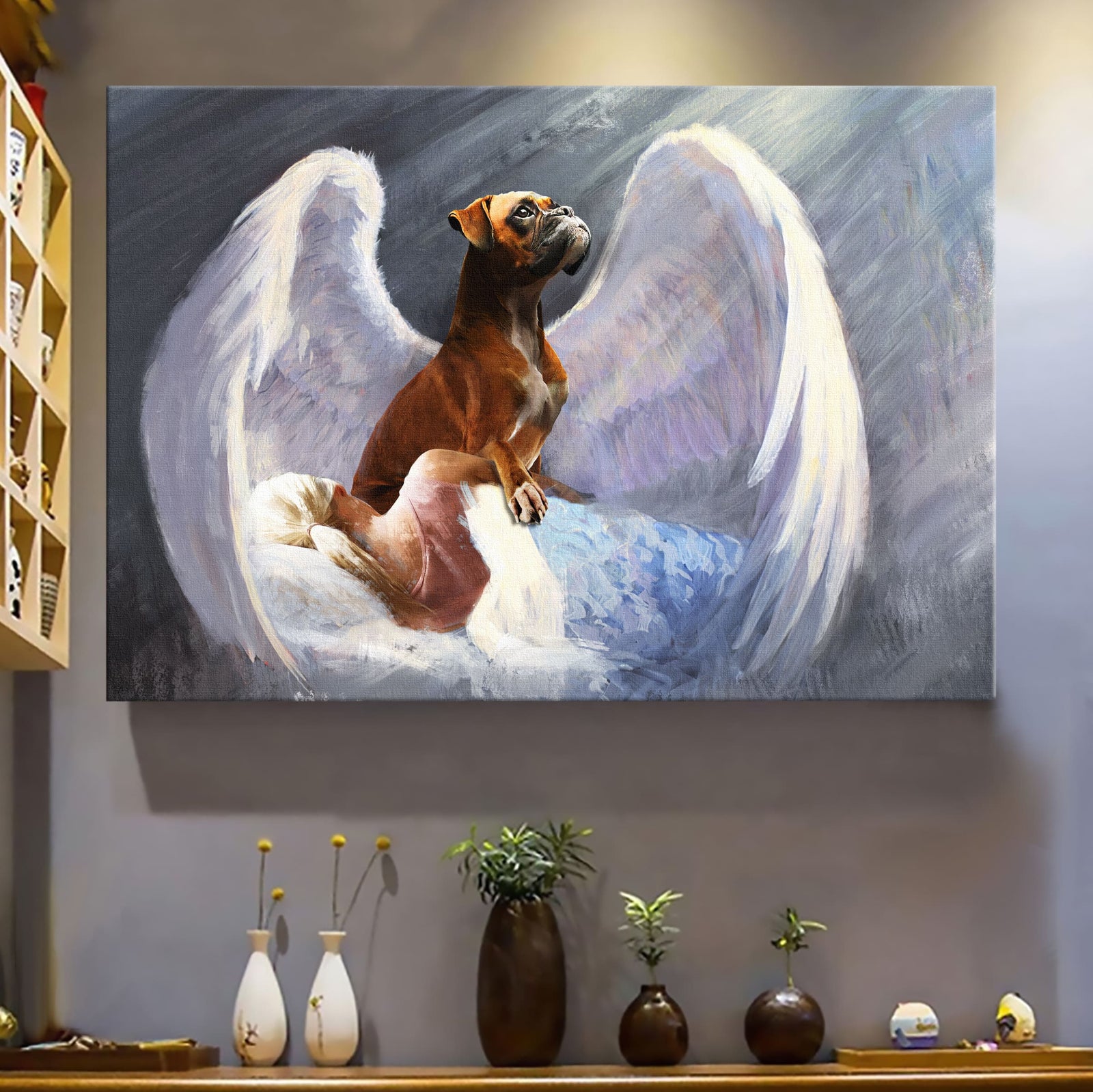 Sleeping girl, Boxer, Beautiful Wings, I'll protect you - Boxer Landscape Canvas Prints, Wall Art