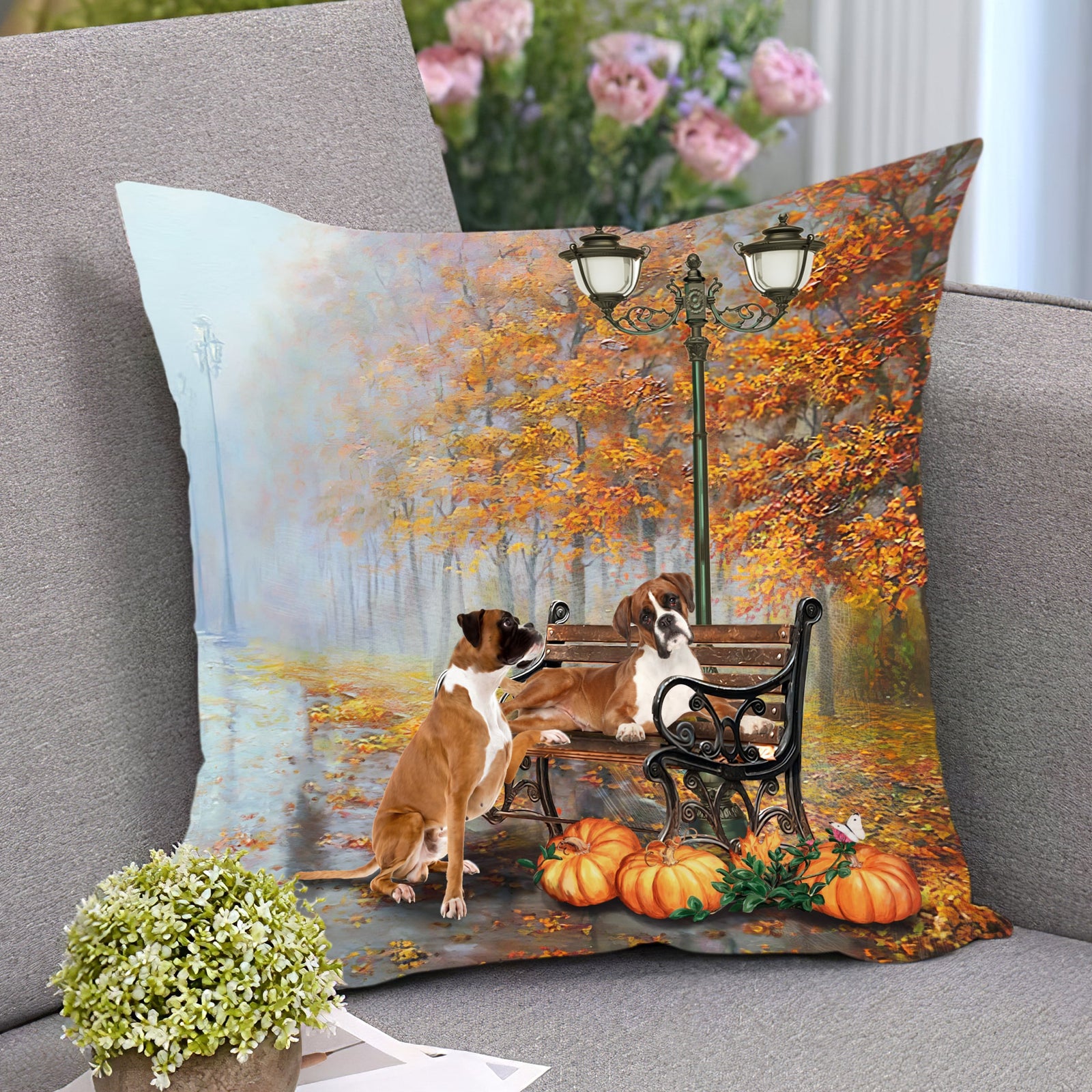 Boxer and Halloween pumpkins Boxer AOP Pillow