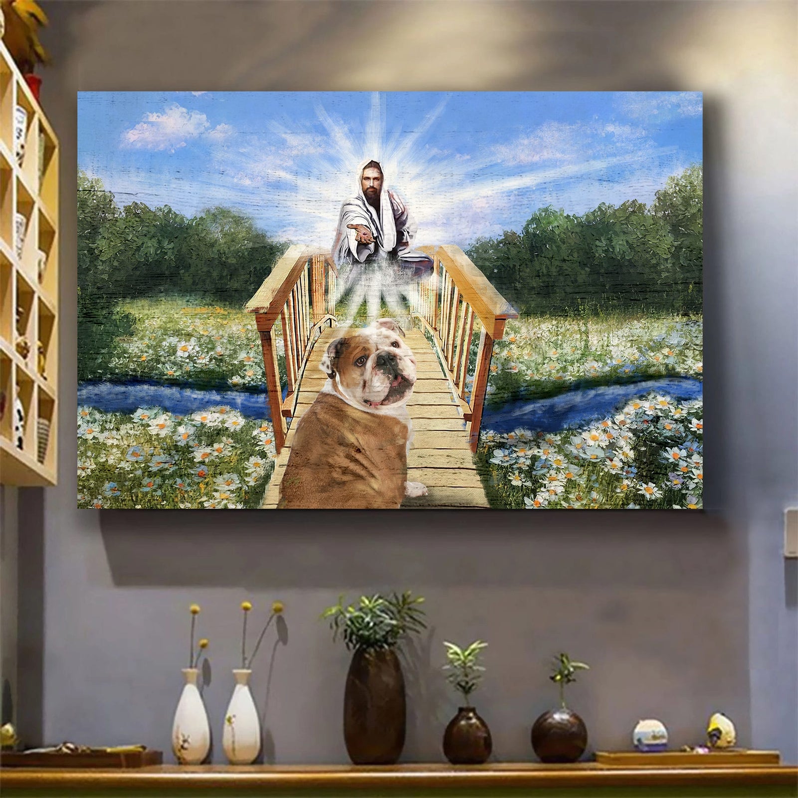 Jesus Painting, English Bulldog, The way to heaven - Dog Landscape Canvas Prints, Wall Art