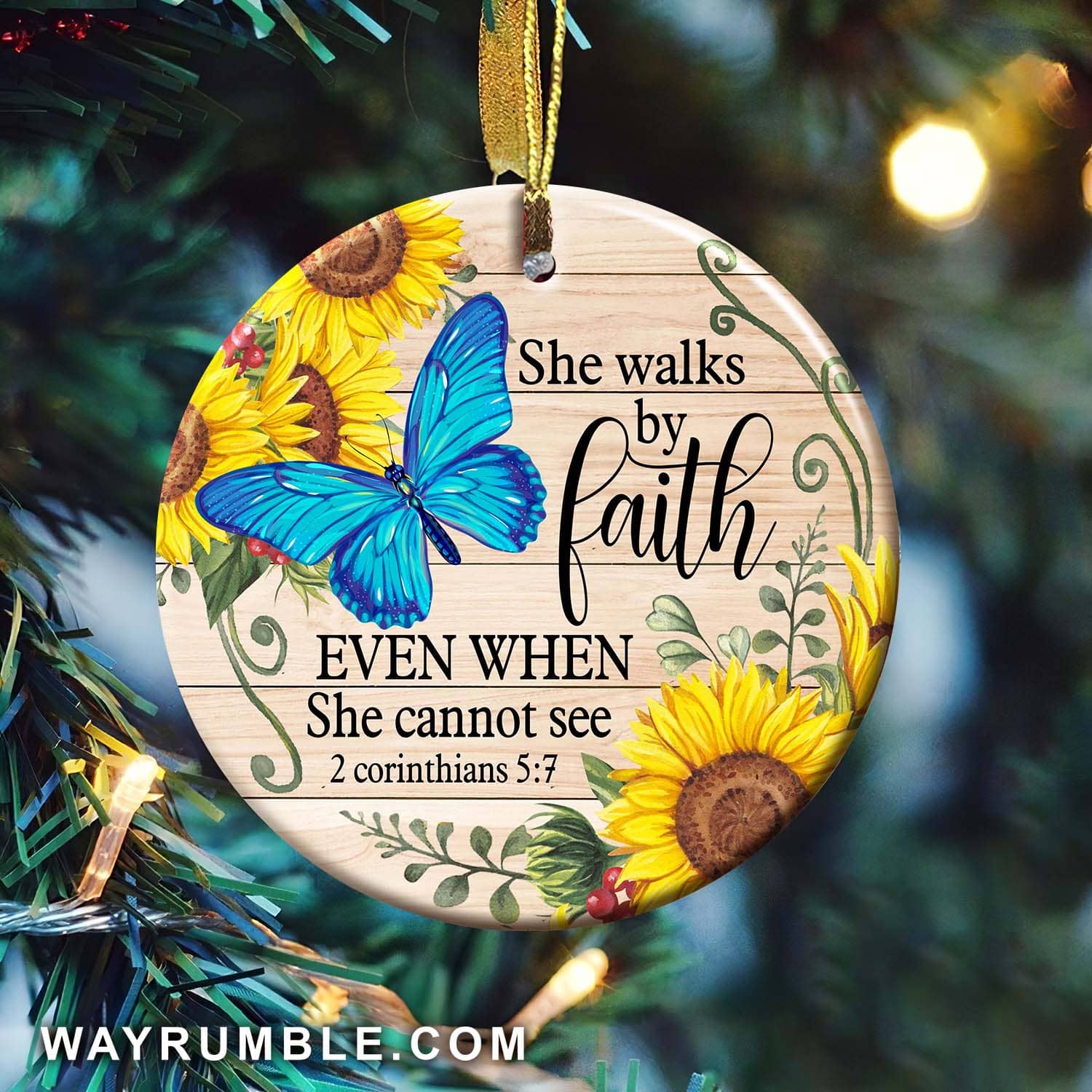 Butterfly, Sunflower, Bible - She walks by faith even when she cannot see Jesus Circle ceramic Ornament