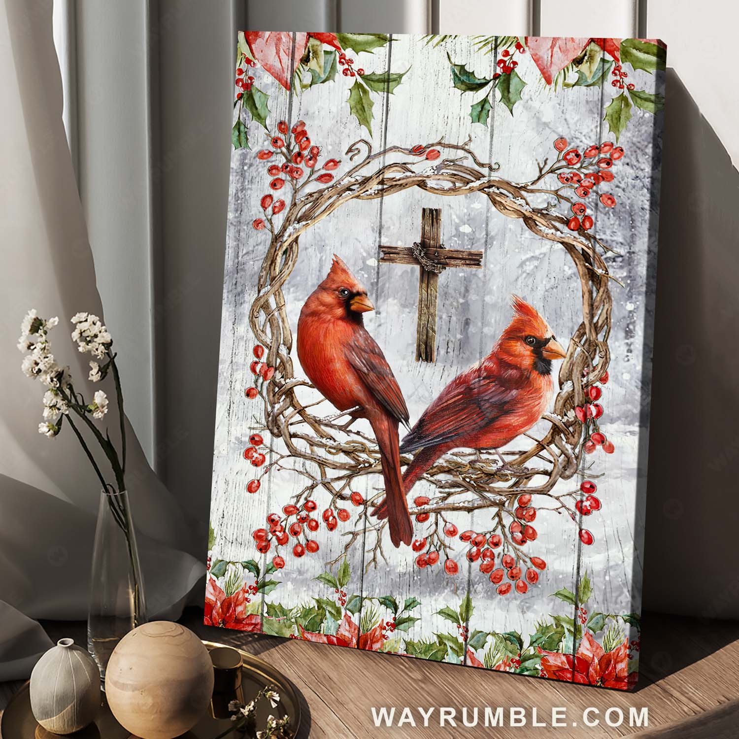 Cardinal couple, Cranberry wreath, Poinsettia flower, Wooden cross - Jesus Portrait Canvas Prints, Home Decor Wall Art