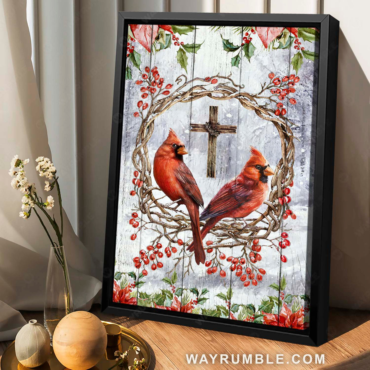 Cardinal couple, Cranberry wreath, Poinsettia flower, Wooden cross - Jesus Portrait Canvas Prints, Home Decor Wall Art