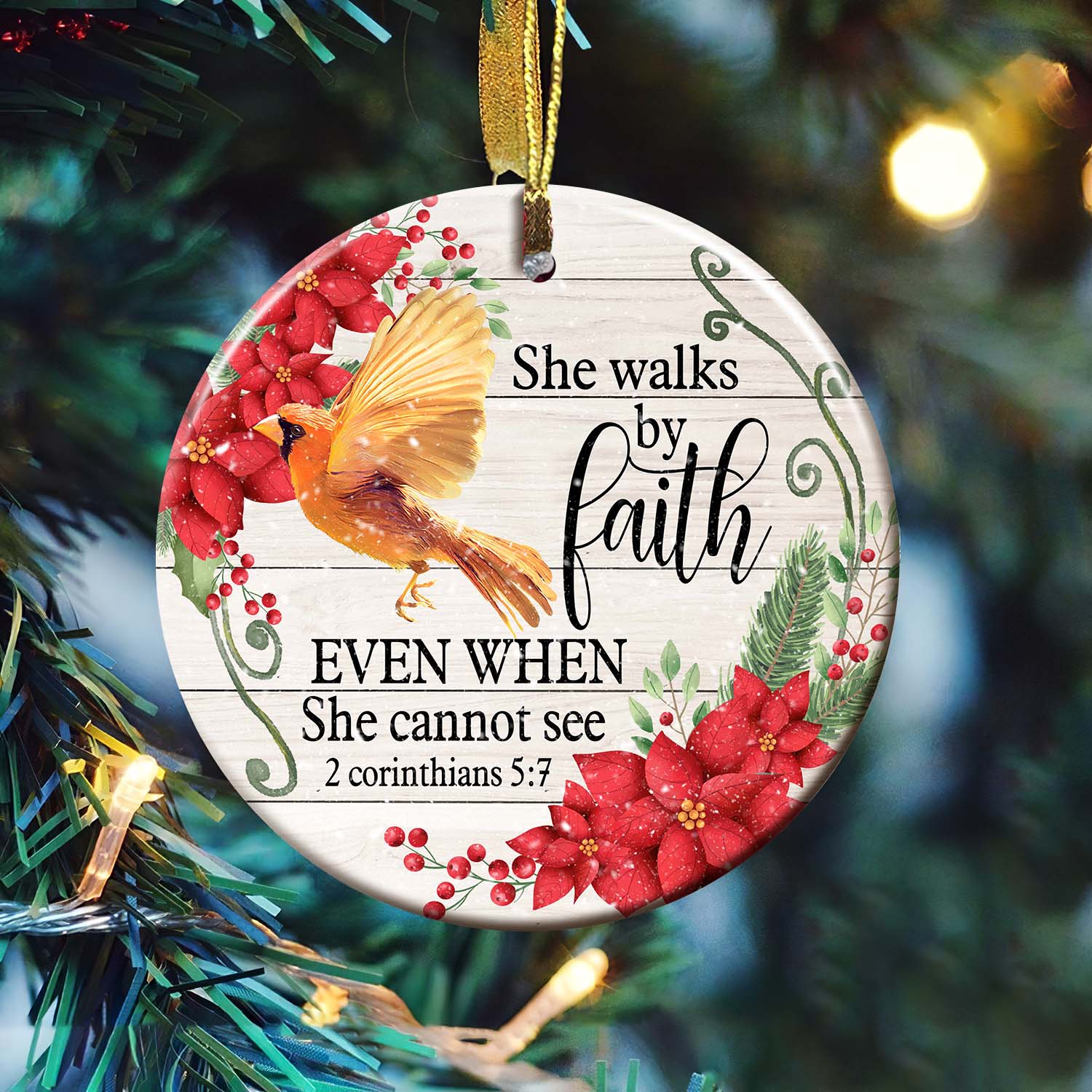 Cardinal - She walks by faith Circle ceramic Ornament