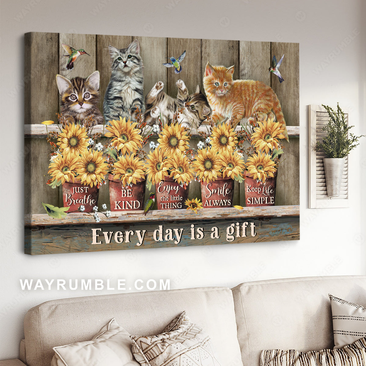 Cats, Hummingbirds, Sunflowers, Every day is a gift - Cat, Pet Landscape Canvas Prints, Wall Art