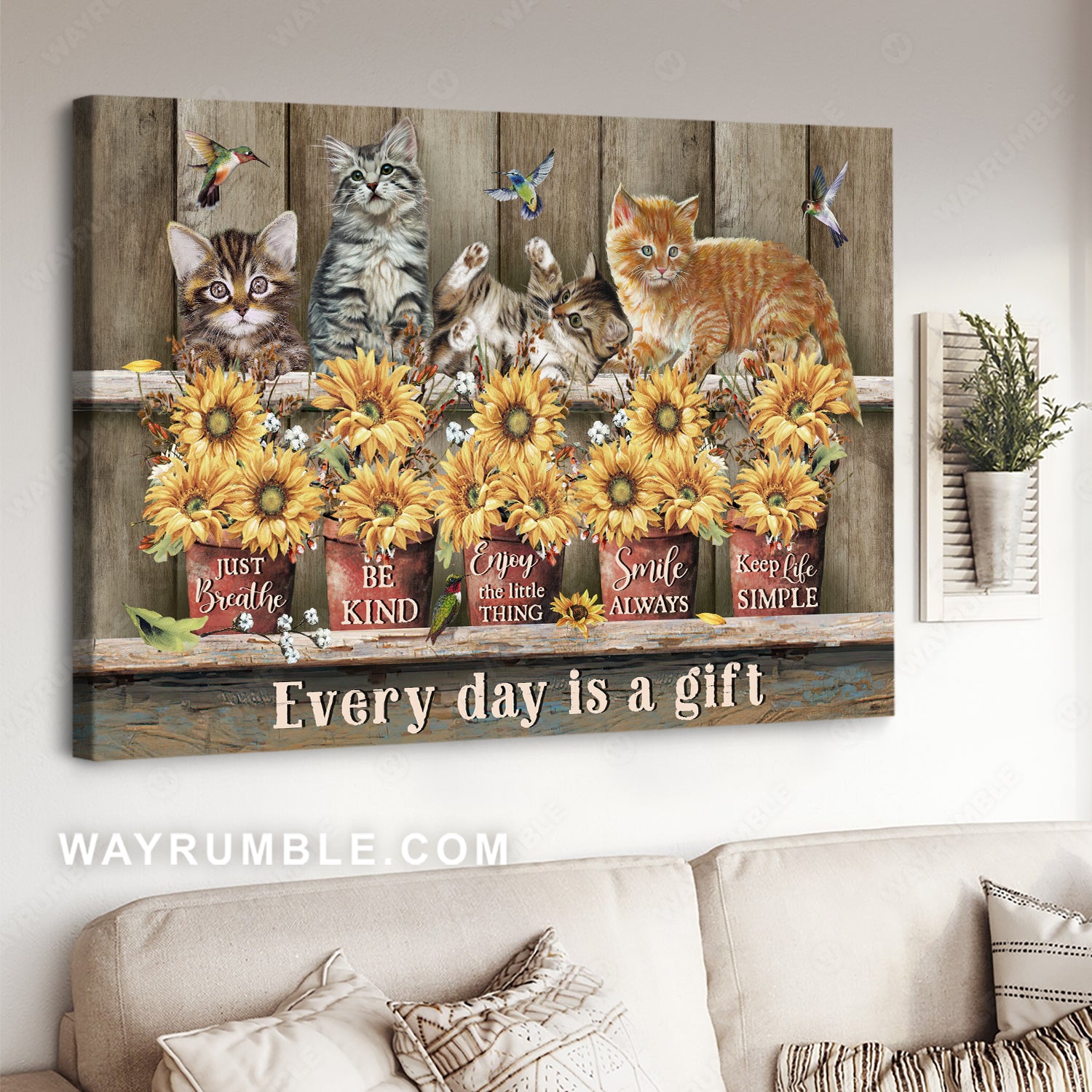 Cats, Hummingbirds, Sunflowers, Every day is a gift - Cat, Pet Landscape Canvas Prints, Wall Art