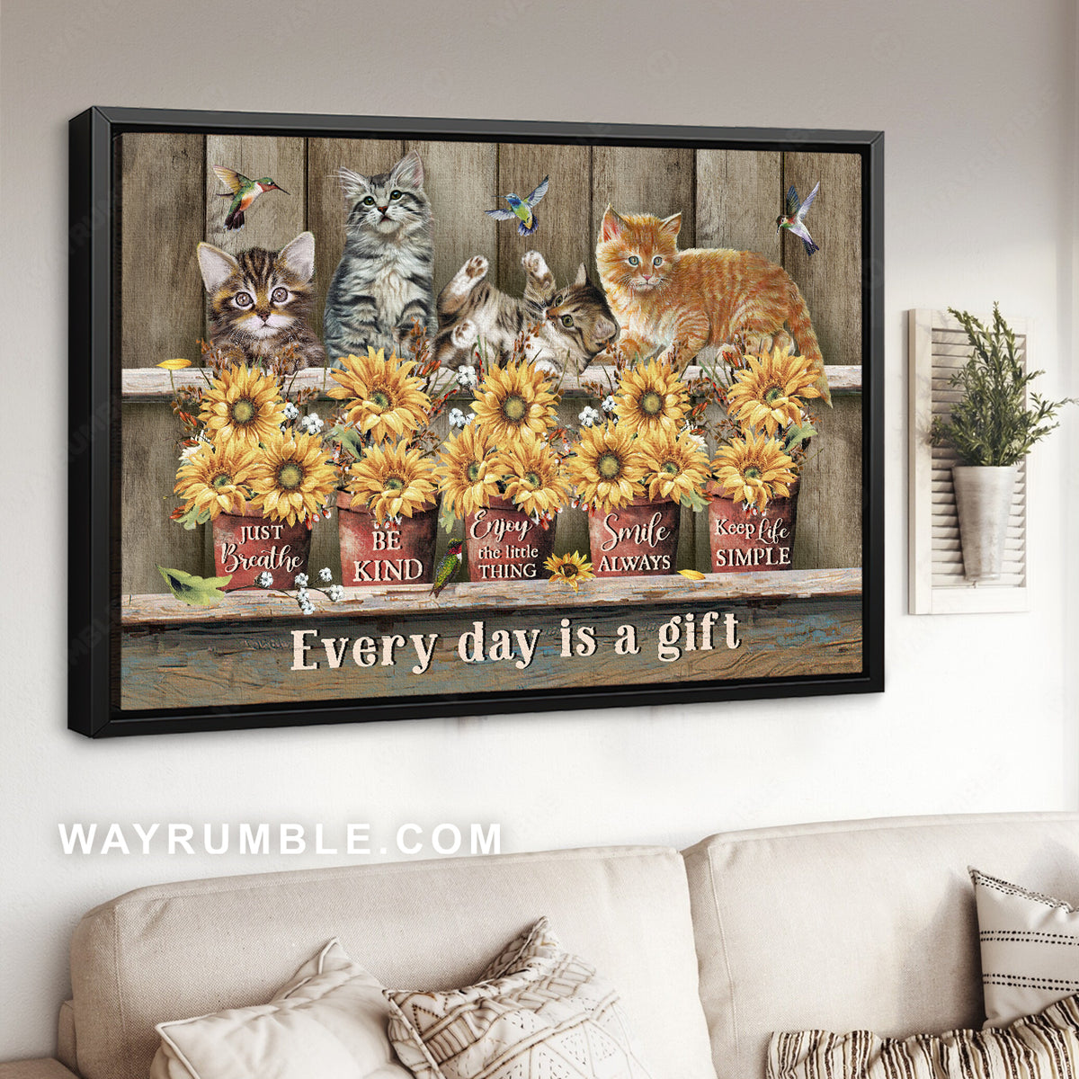 Cats, Hummingbirds, Sunflowers, Every day is a gift - Cat, Pet Landscape Canvas Prints, Wall Art