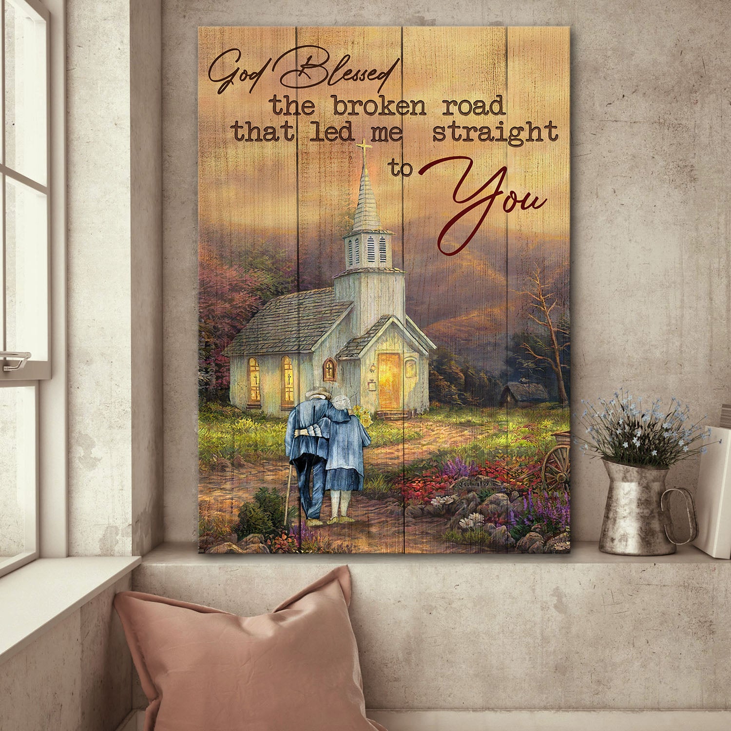 Older couple, White Church, Peaceful life, God blessed the broken road - Couple Portrait Canvas Prints, Wall Art