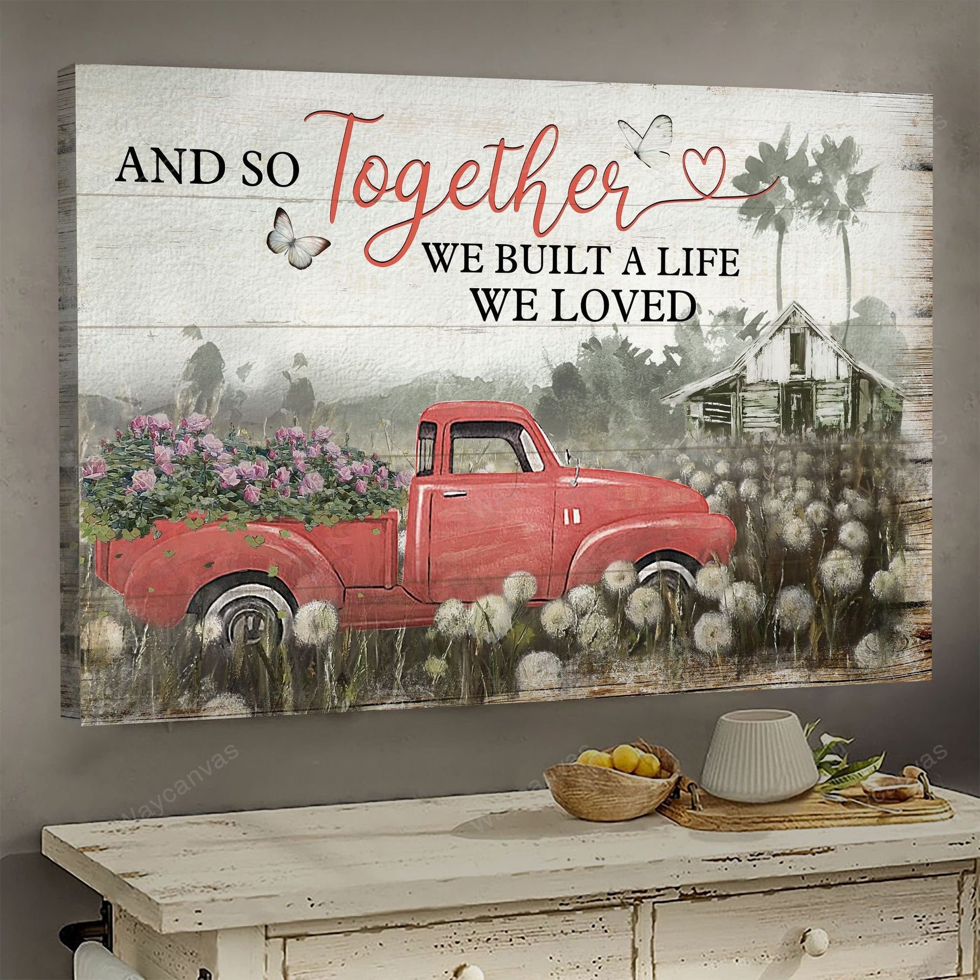 Flower car, Dandelion field, Butterfly, And so together we built a life we love - Couple Landscape Canvas Prints, Wall Art