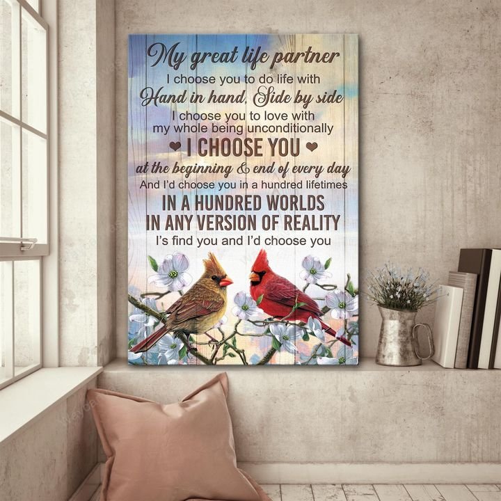 Cardinal drawing, White flower, Colorful sunset, I choose you in a hundred worlds - Couple Portrait Canvas Prints, Wall Art