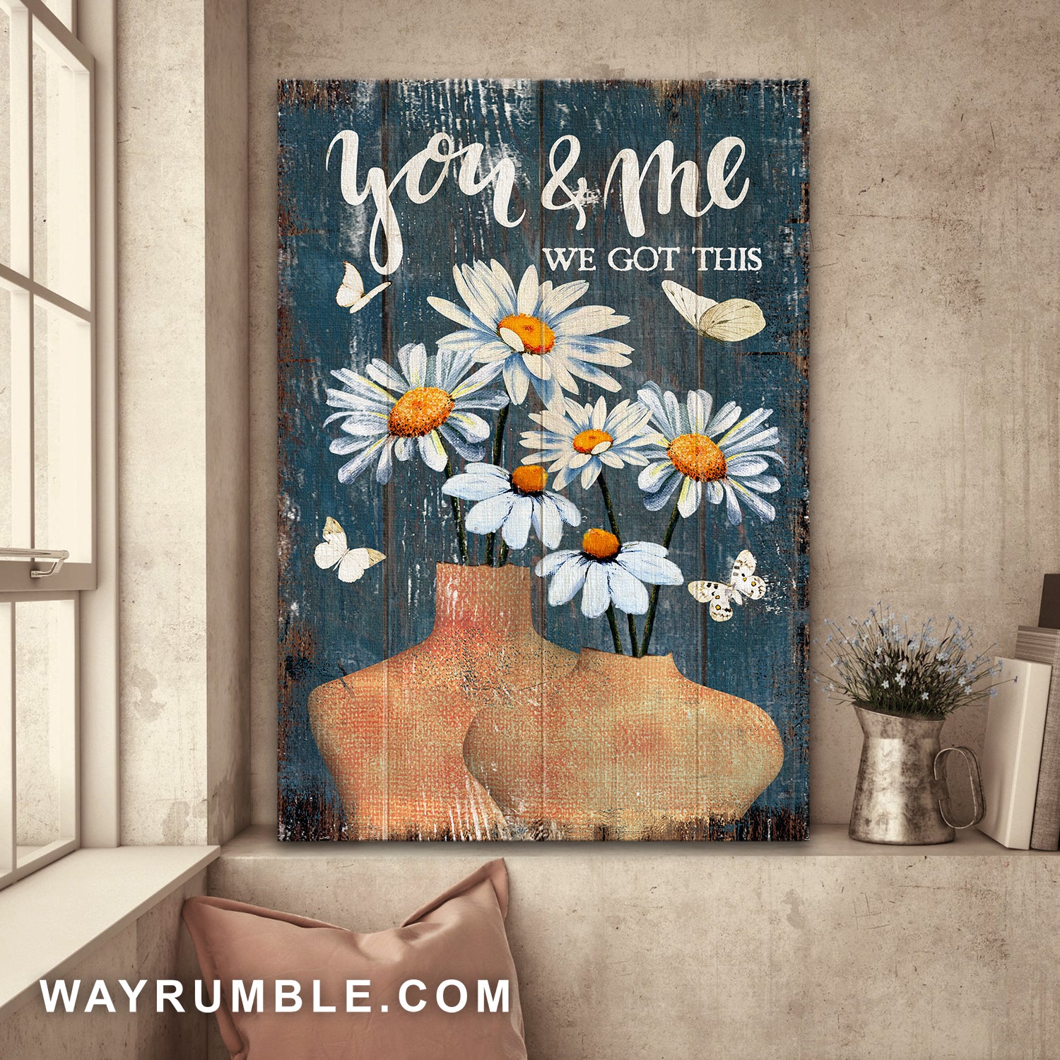 Daisy flower vase, Butterfly, You & me We got this - Couple Portrait Canvas Prints, Wall Art