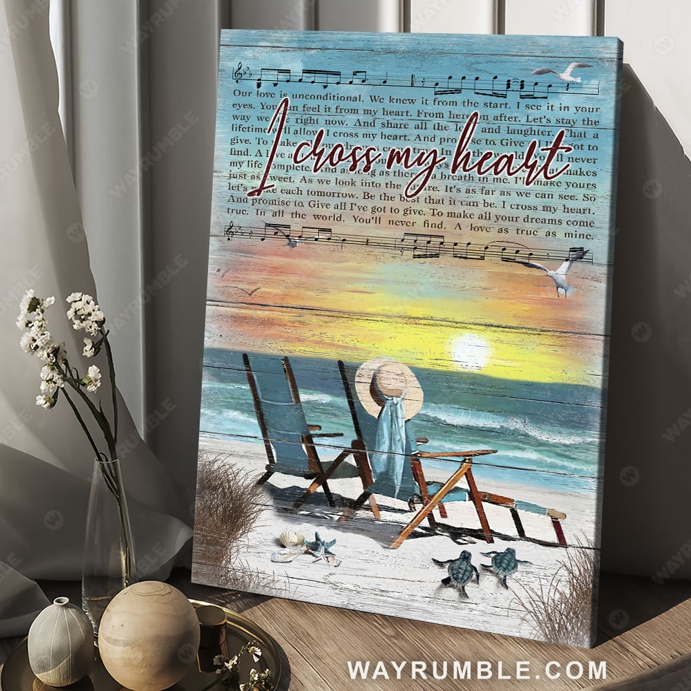 Sheet music, Wooden chair, Sunset painting, I cross my heart - Couple Portrait Canvas Prints, Wall Art
