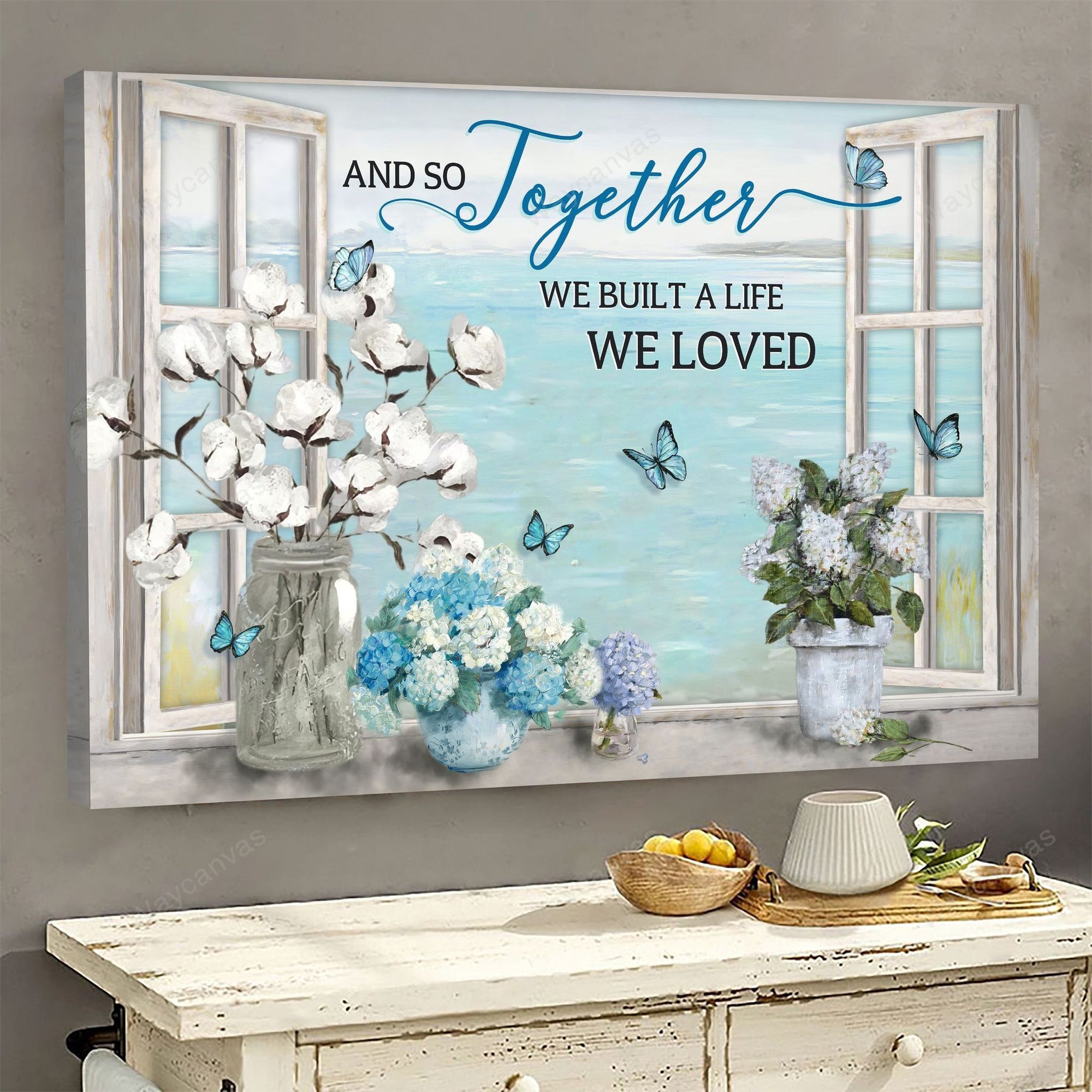 Flower vases, Butterflies, Through the window - Couple Landscape Canvas Prints, Wall Art