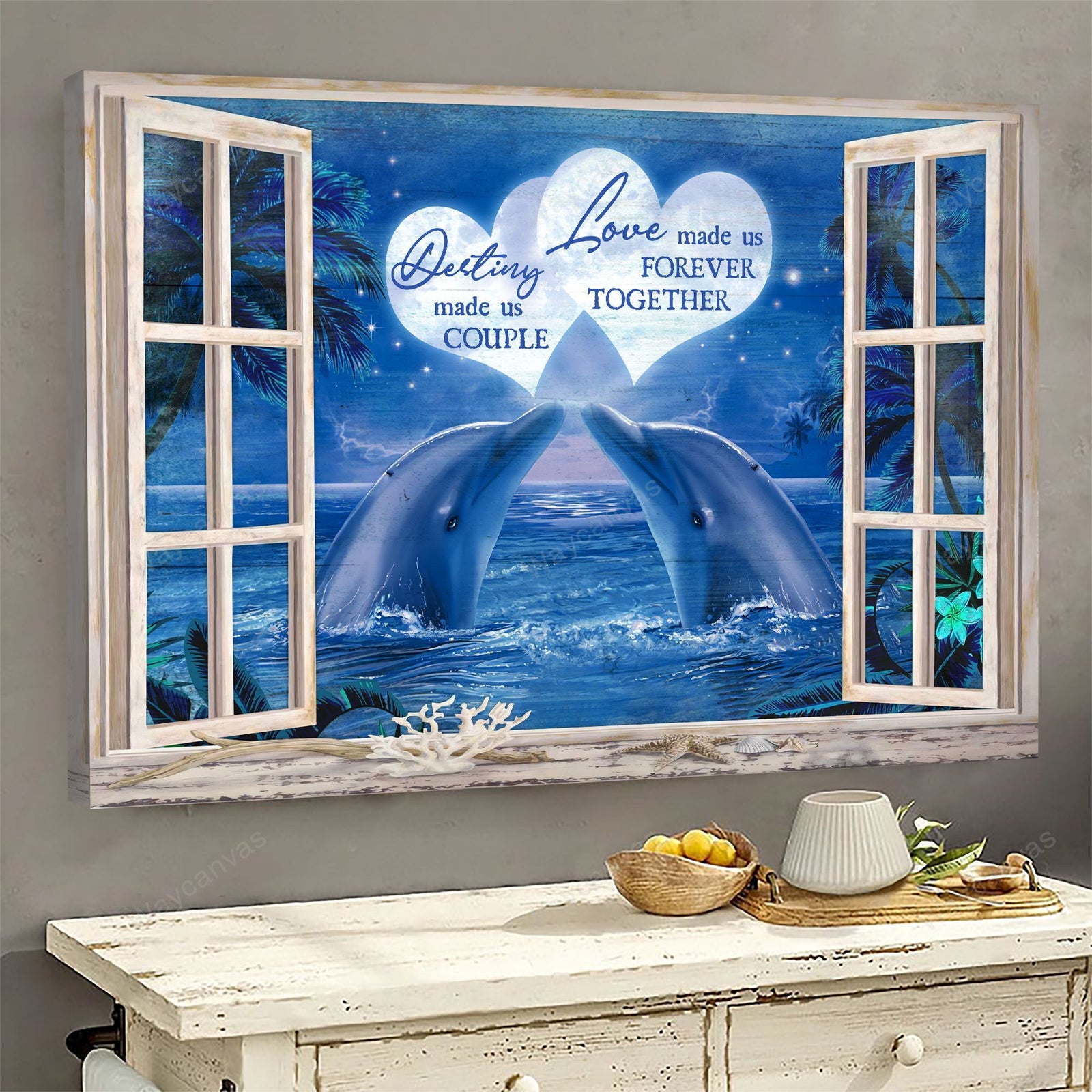 Dolphin Couple, Romantic Night, Love made us forever - Couple Landscape Canvas Prints, Wall Art