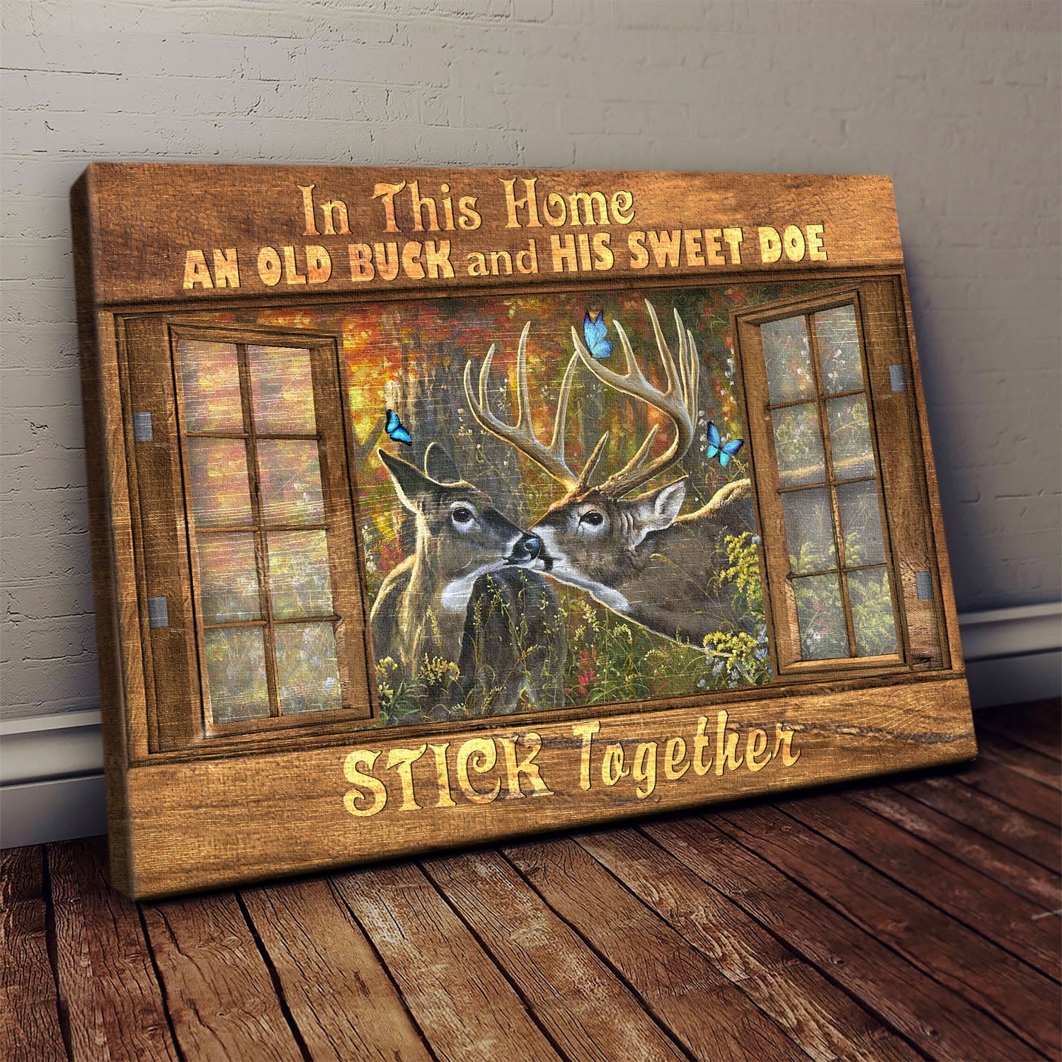 Deer couple, Natural Landscape, Butterfly, In this home, an old buck and his sweet doe, stick together - Couple, Window Landscape Canvas Prints, Wall Art