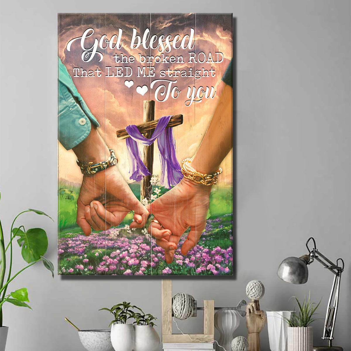 Purple flower, Holding hand, God blessed the broken road that led me straight to you - Couple Portrait Canvas Prints, Wall Art