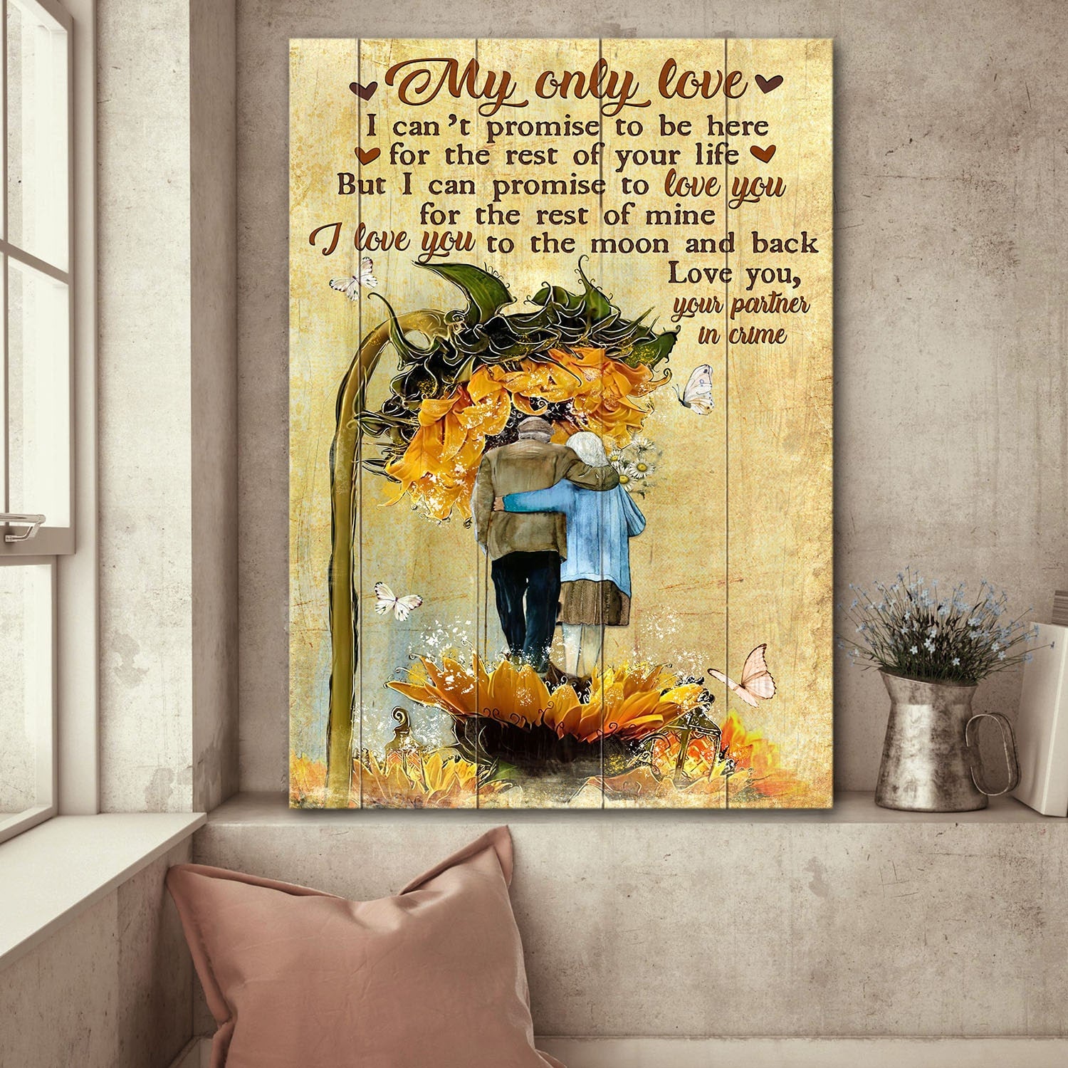 Older couple, Sunflower, Butterfly, My only love, I love you to the moon and back - Couple Portrait Canvas Prints, Wall Art